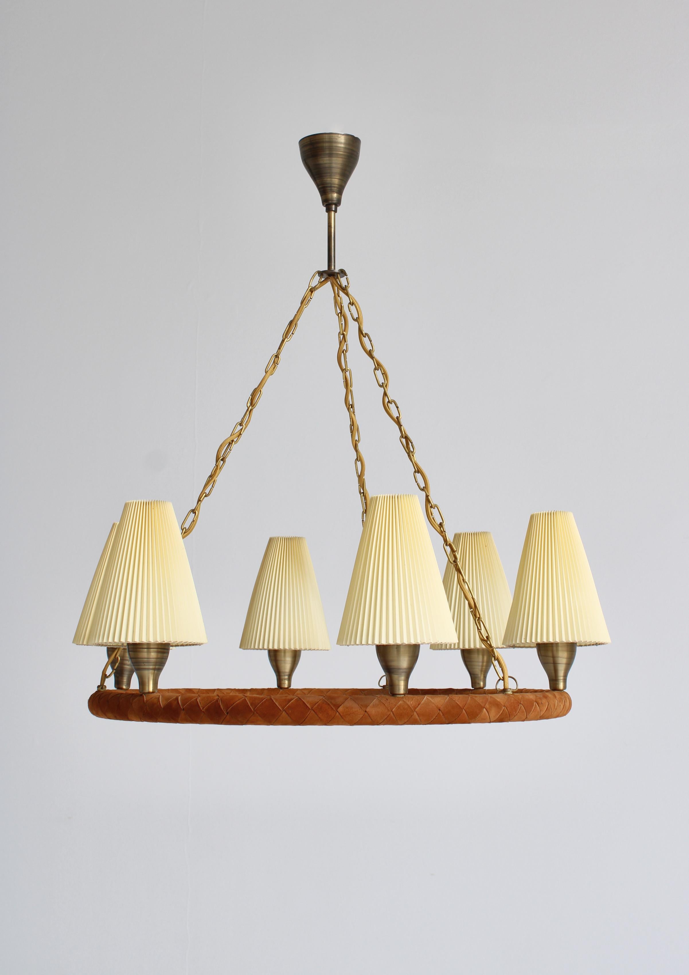 Danish Modern Chandelier in Leather, Brass and Glass by LYFA, Denmark, 1940s For Sale 8