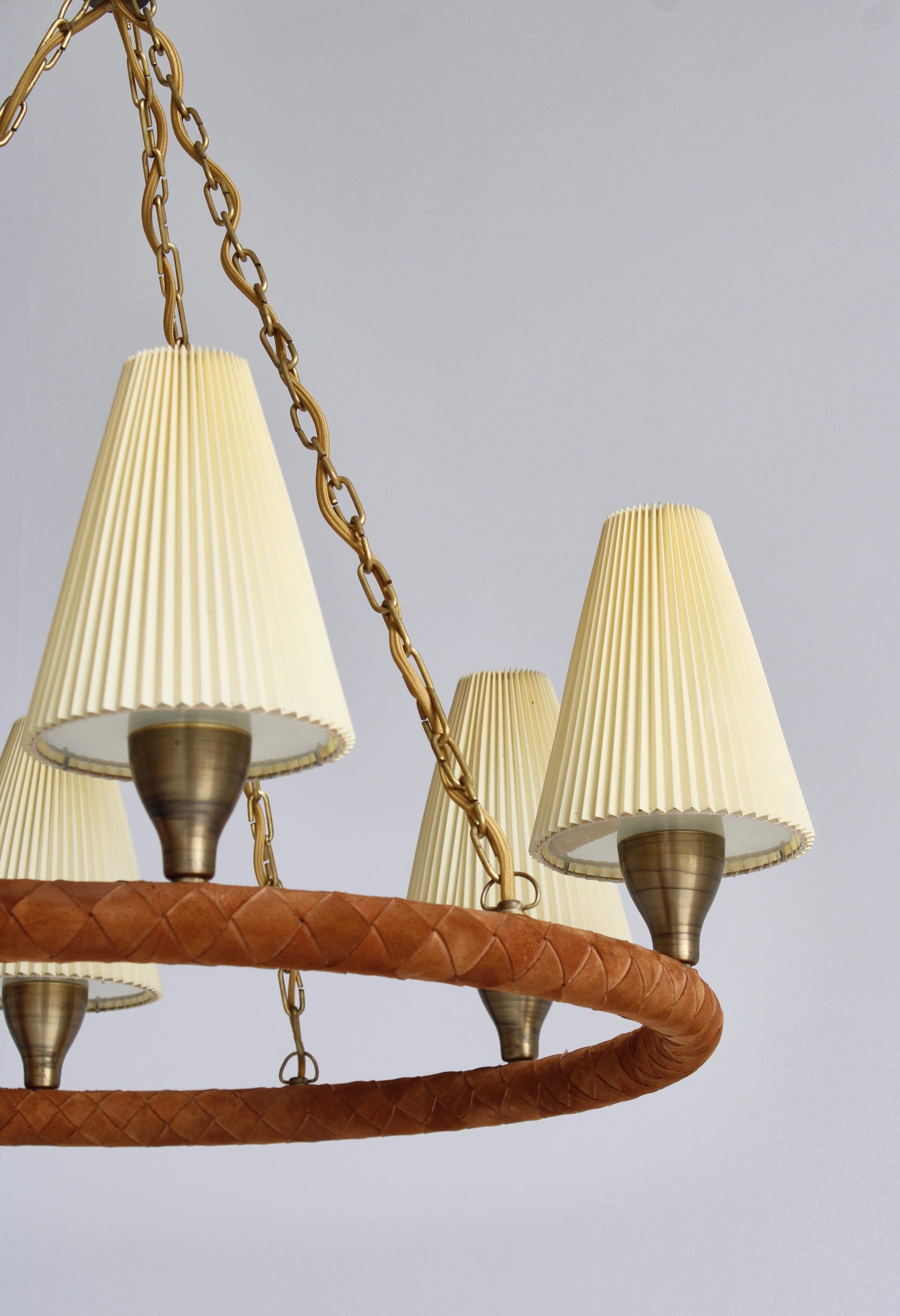 Danish Modern Chandelier in Leather, Brass and Glass by LYFA, Denmark, 1940s For Sale 10