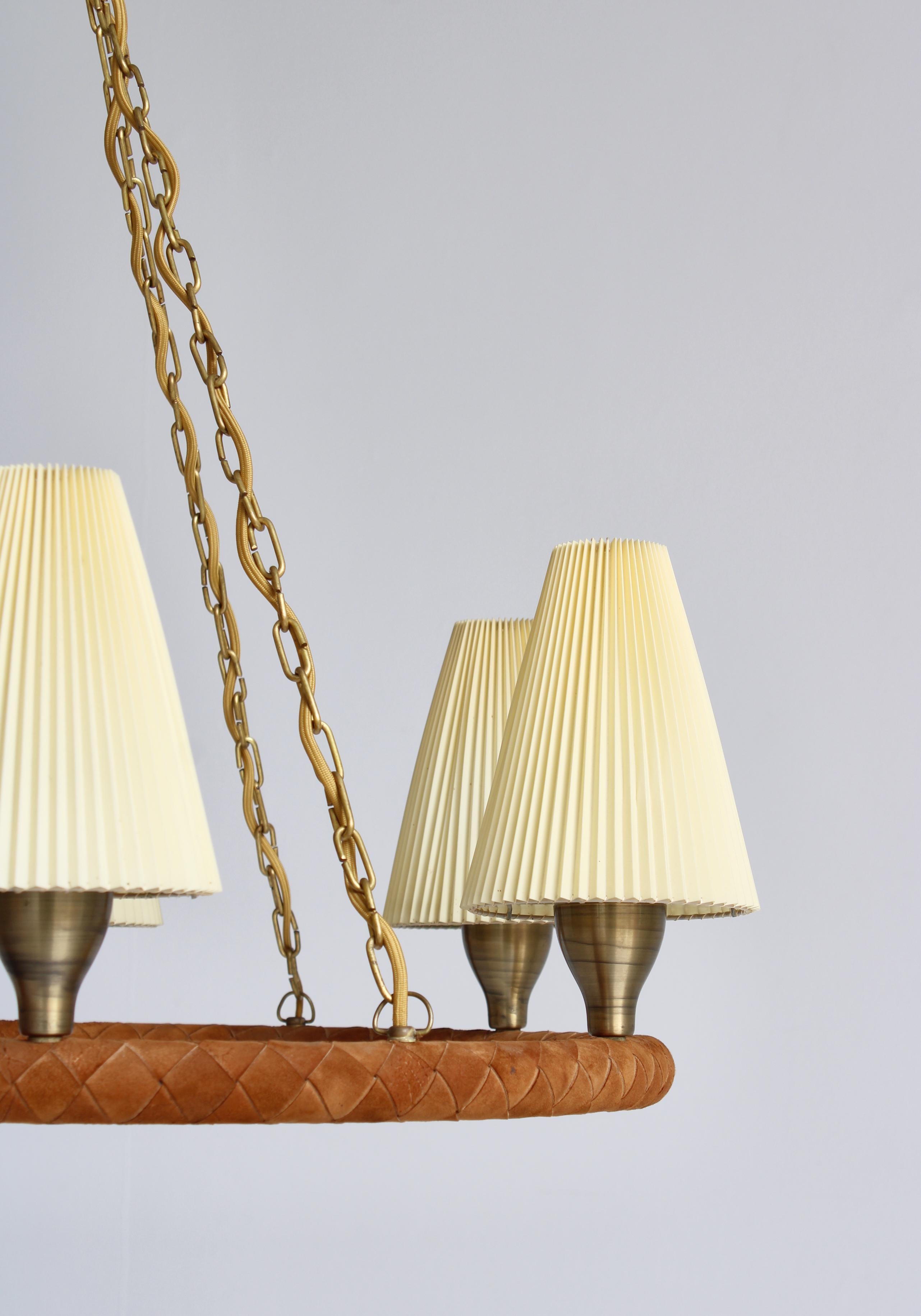Danish Modern Chandelier in Leather, Brass and Glass by LYFA, Denmark, 1940s For Sale 12