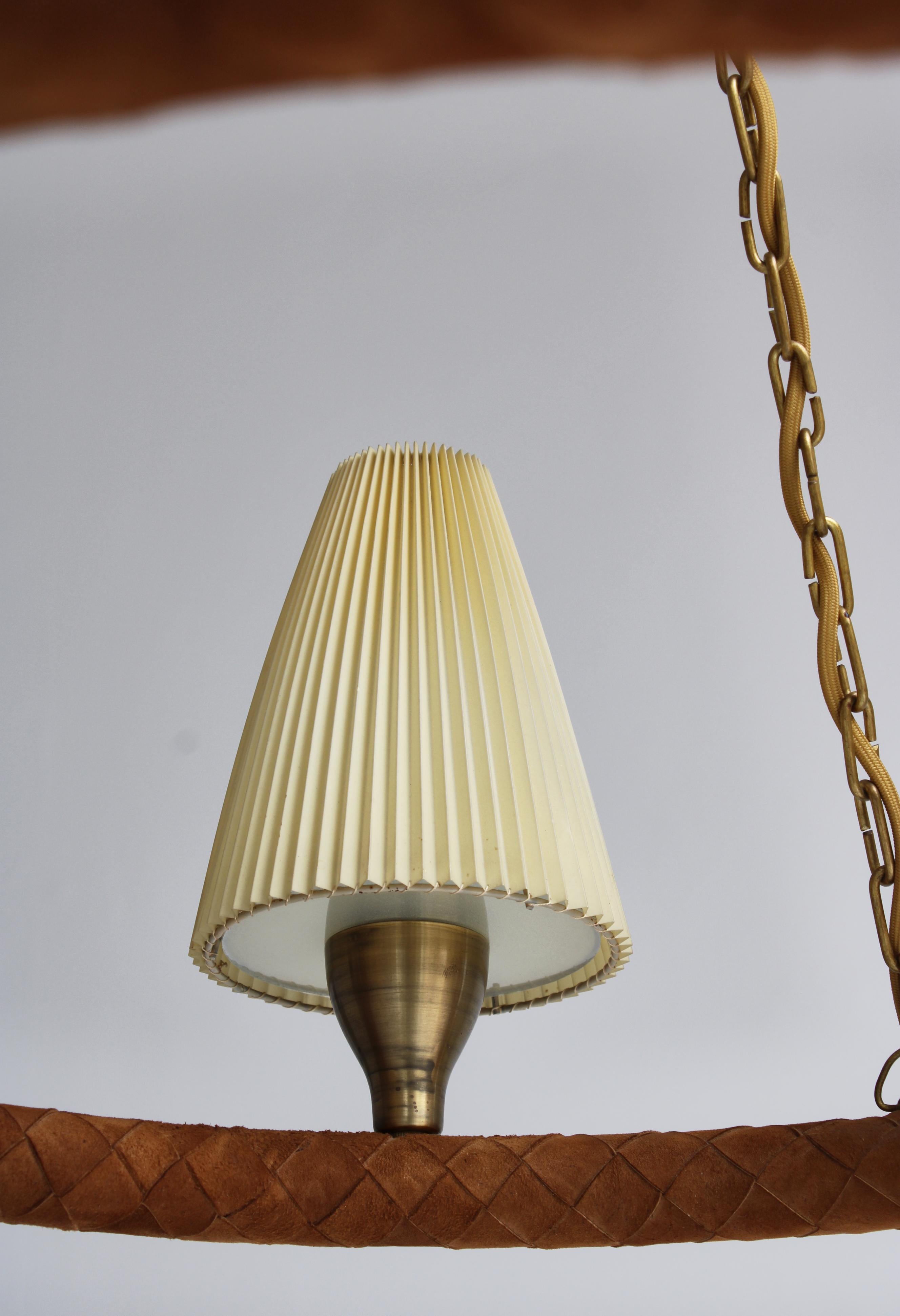Danish Modern Chandelier in Leather, Brass and Glass by LYFA, Denmark, 1940s For Sale 13