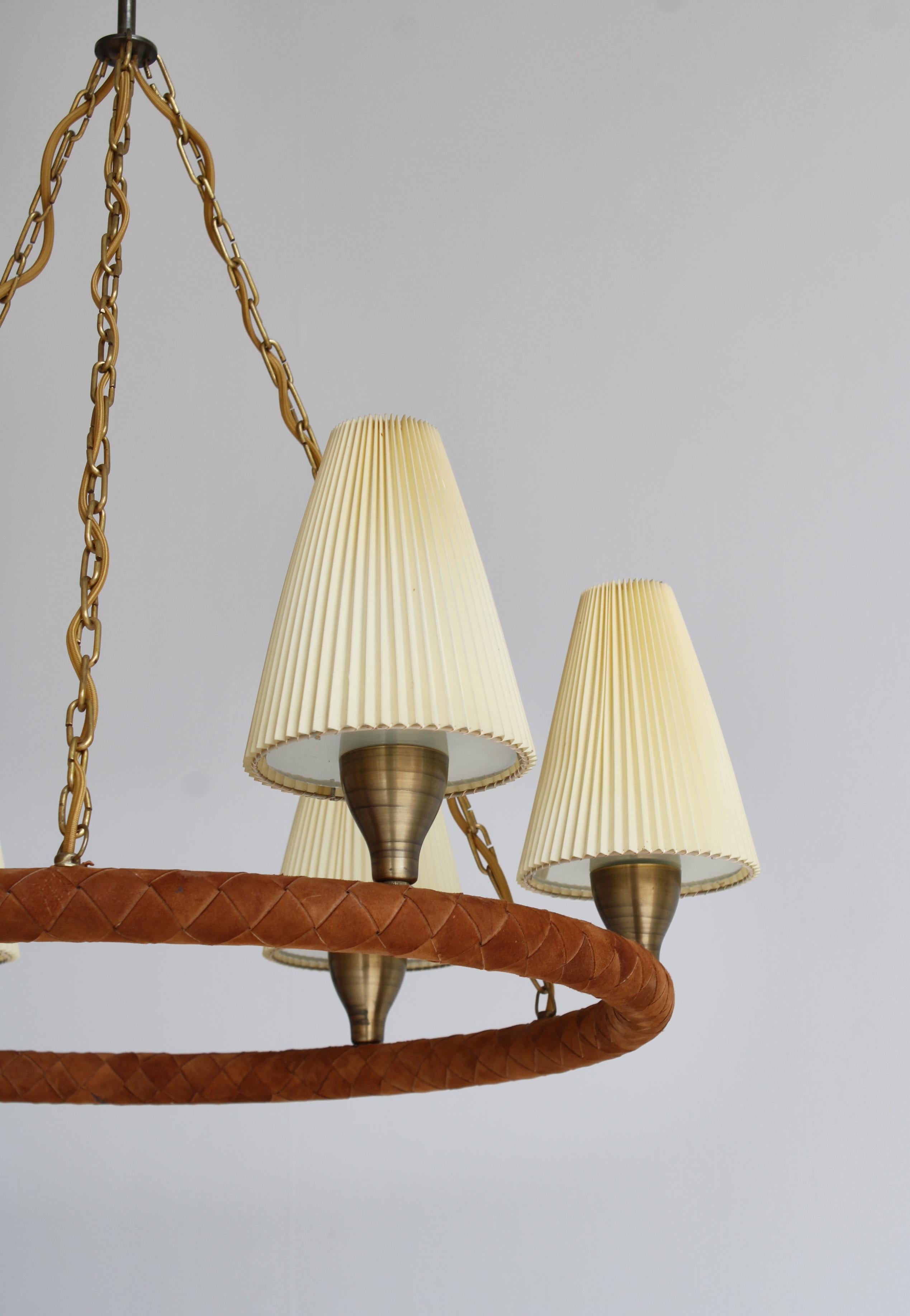 Mid-20th Century Danish Modern Chandelier in Leather, Brass and Glass by LYFA, Denmark, 1940s For Sale
