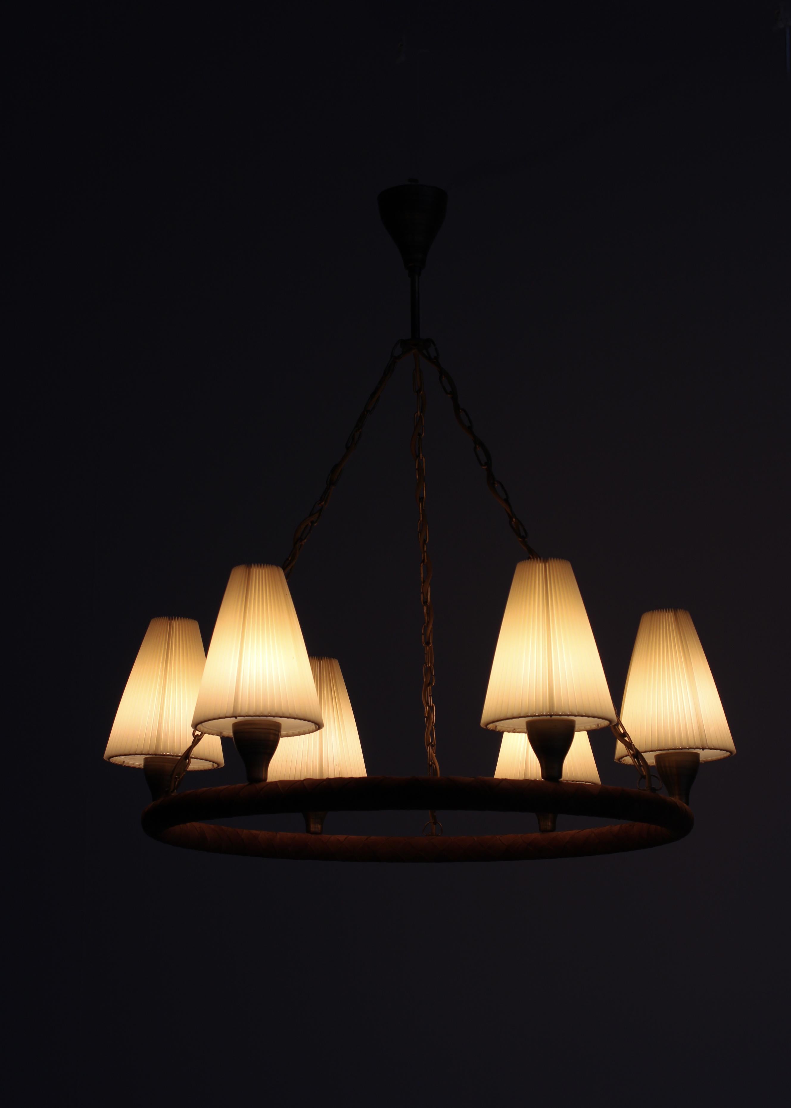 Danish Modern Chandelier in Leather, Brass and Glass by LYFA, Denmark, 1940s For Sale 1