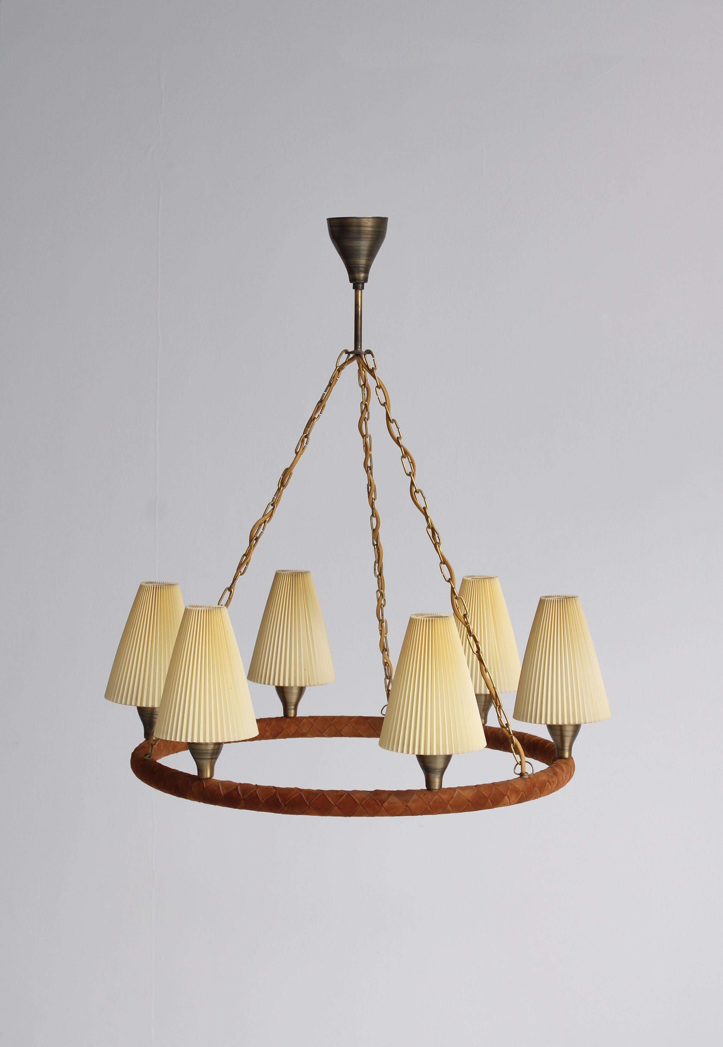 Danish Modern Chandelier in Leather, Brass and Glass by LYFA, Denmark, 1940s For Sale 2