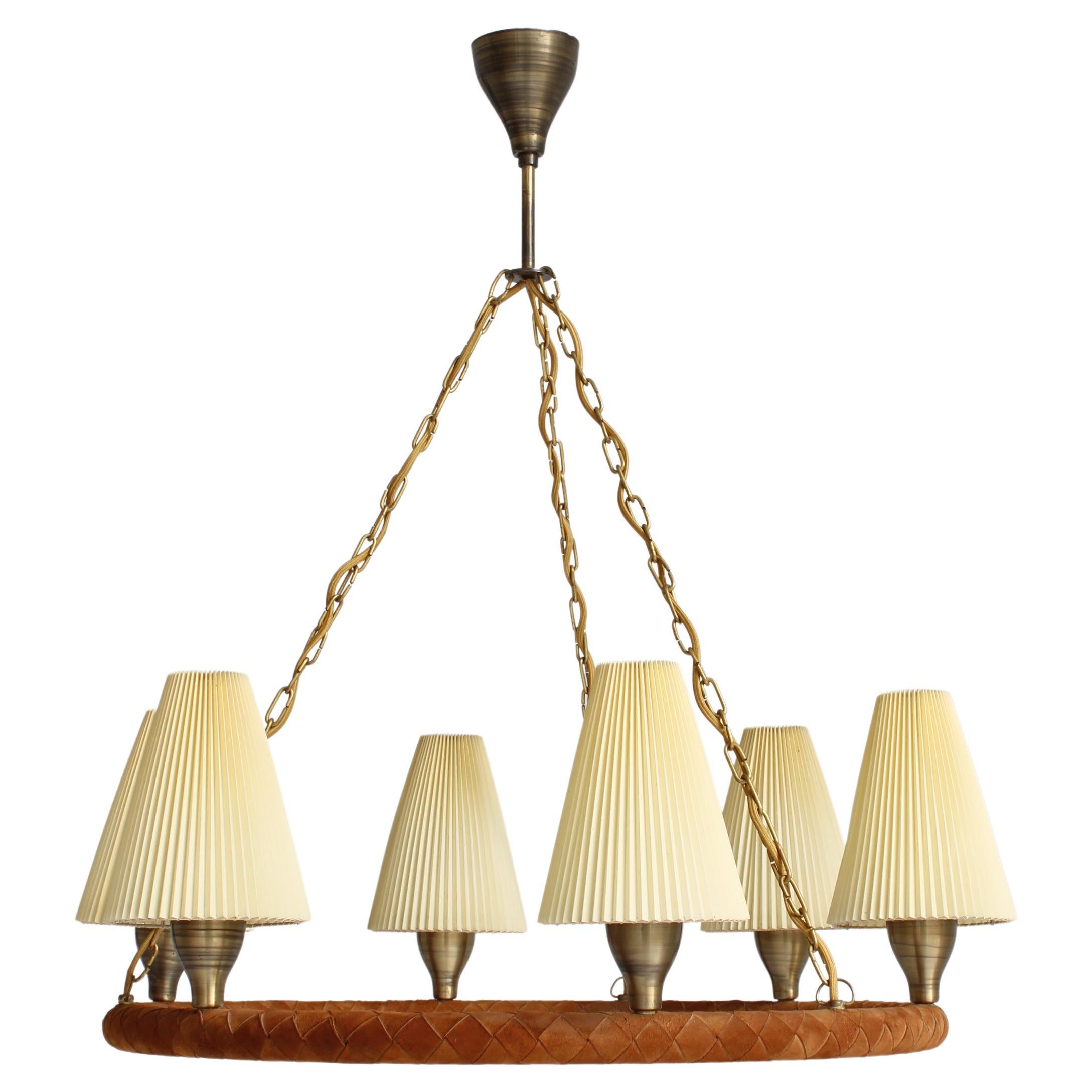 Danish Modern Chandelier in Leather, Brass and Glass by LYFA, Denmark, 1940s For Sale