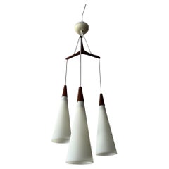 Vintage Danish Modern Chandelier Teak And Opaline Glass