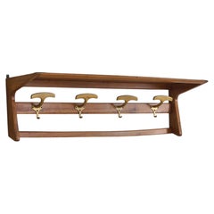 Danish Modern Cherry Wood + Brass Wall-Mounted Coat Rack, 1960s