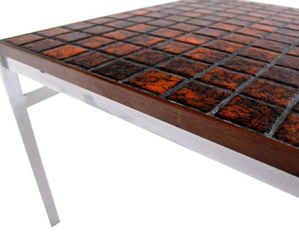 Nice square rosewood and tiled top chrome base coffee occasional side  table in style of Poul Kjaerholm.