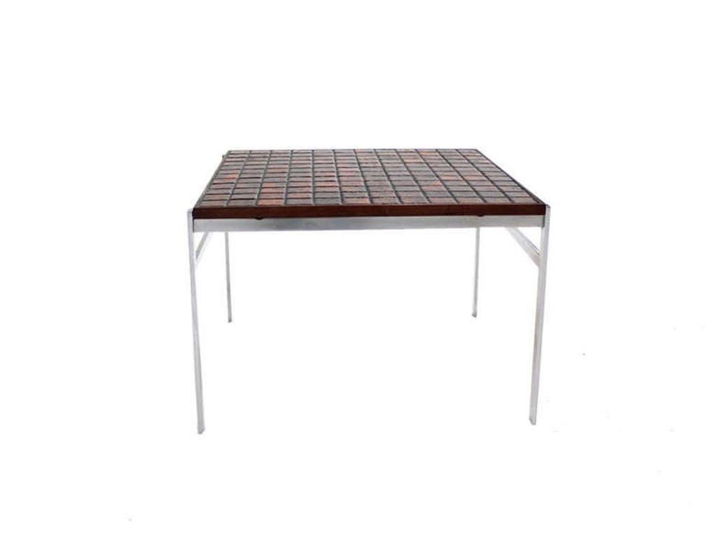 Danish Modern Chrome Base Tile Mosaic Rosewood Top Square Coffee Side Table MINT For Sale 4