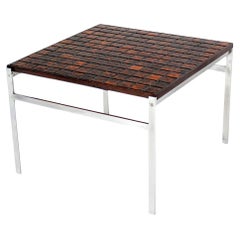 Table basse carrée danoise moderne chromée, mosaïque de carreaux et plateau en bois de rose MINT