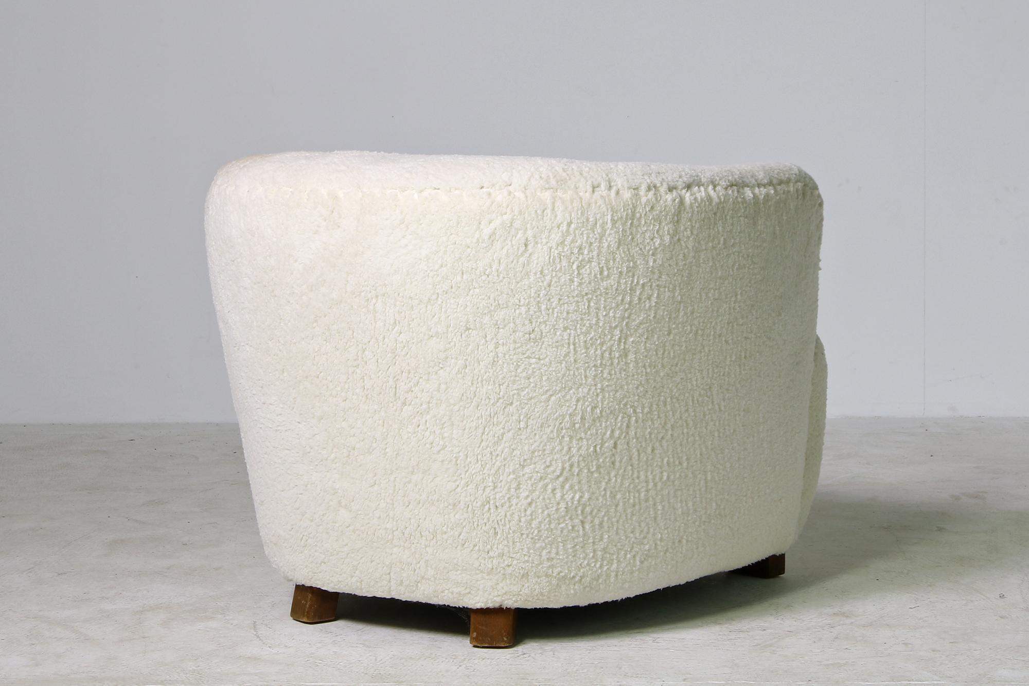 Mid-Century Modern Danish Modern Clam Chair, Lounge, 1950s Teddy Fur & Leather, Sheepskin, Denmark