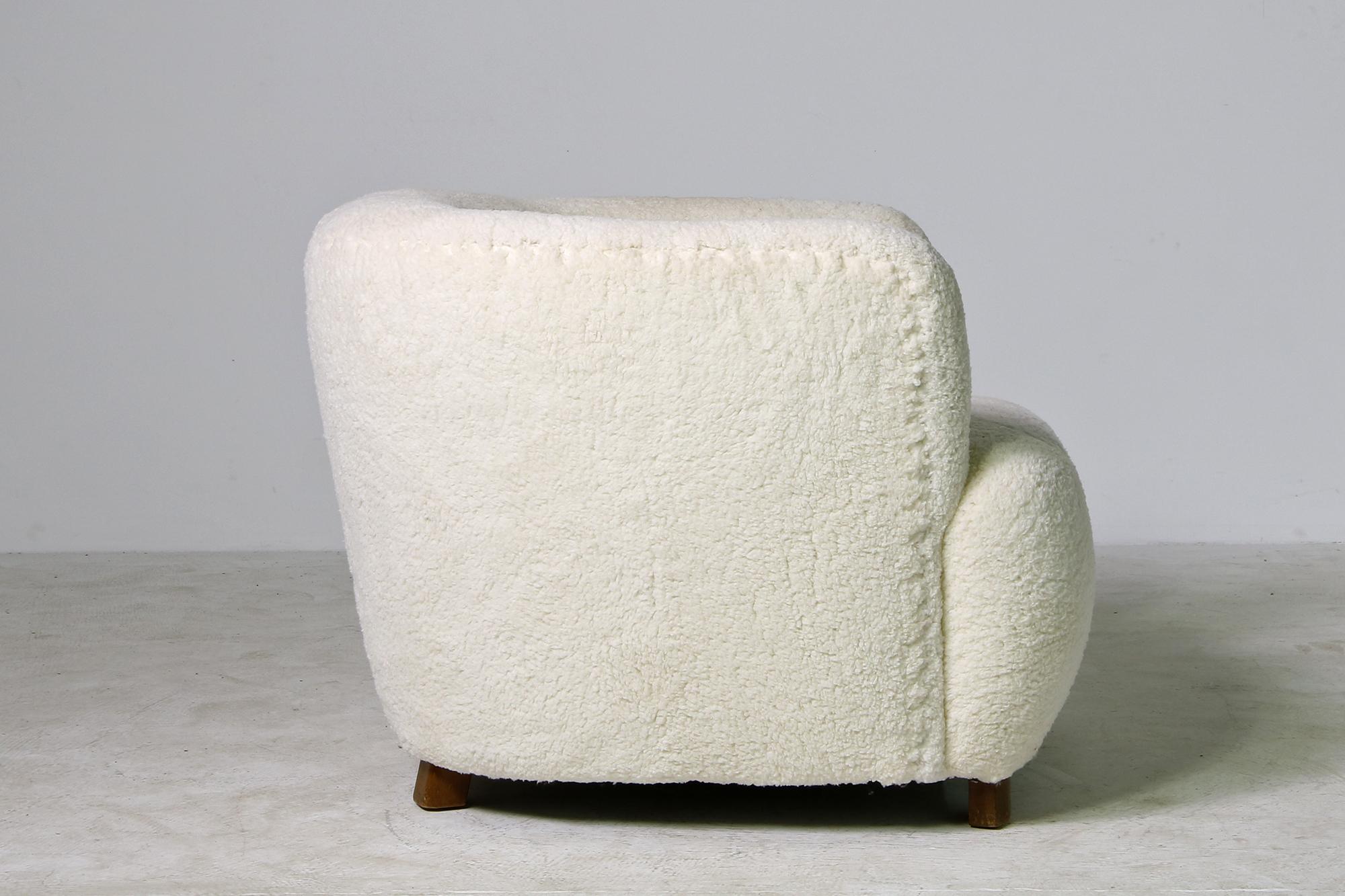 20th Century Danish Modern Clam Chair, Lounge, 1950s Teddy Fur & Leather, Sheepskin, Denmark