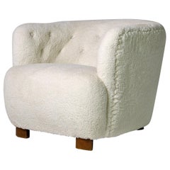 Danish Modern Clam Chair, Lounge, 1950s Teddy Fur & Leather, Sheepskin, Denmark