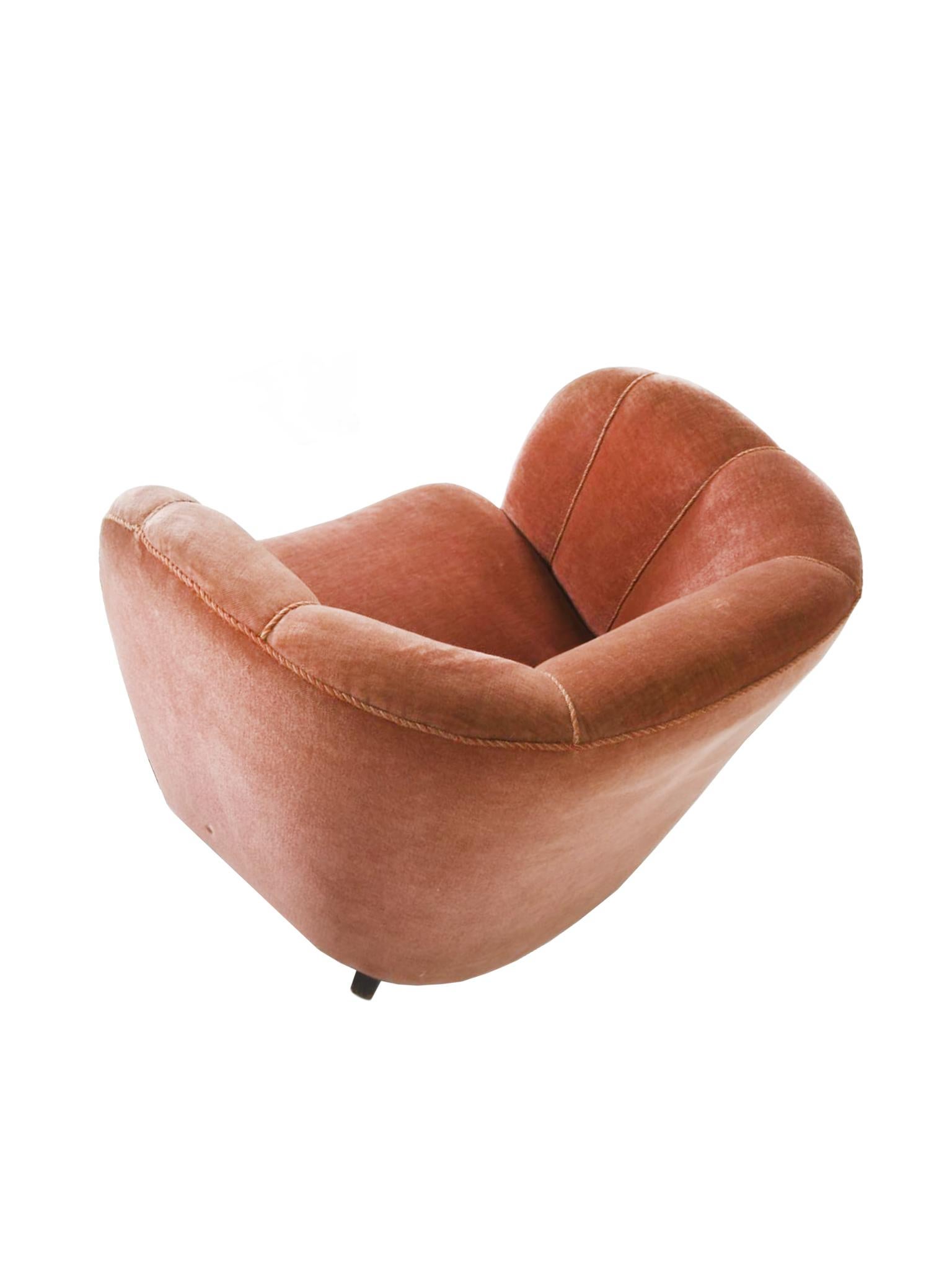 Dimensions:
32 in. width
26 in. depth
26 in. height
23.5 in. arm height
13 in. seat height
21 in. seat depth

Condition notes:
In good condition with wear to upholstery and legs that's consistent with the chair's age and use, including areas of