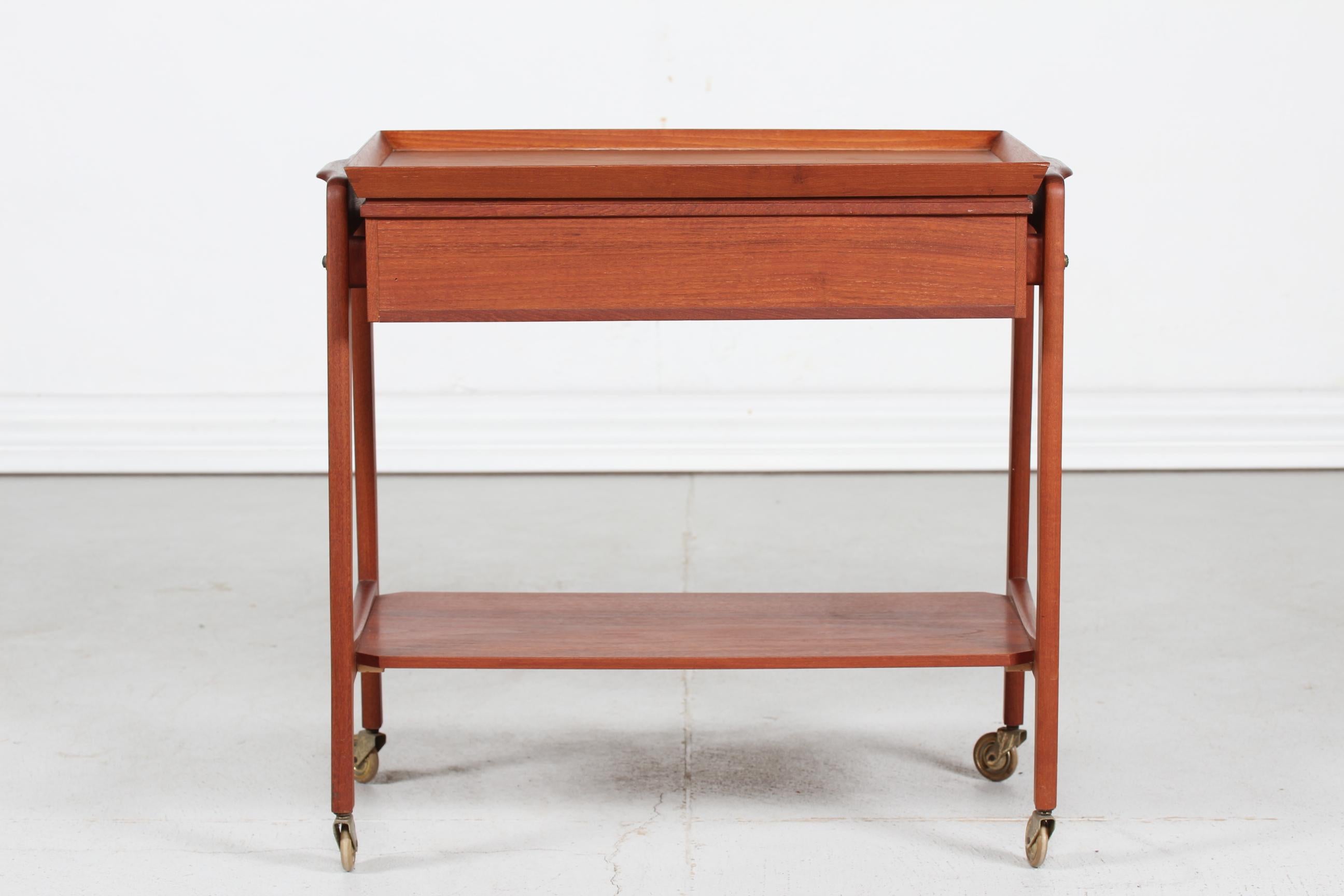 Mid-20th Century Danish Modern Cocktail Trolley of Teak with Tray and Two Drawers, Denmark, 1960s