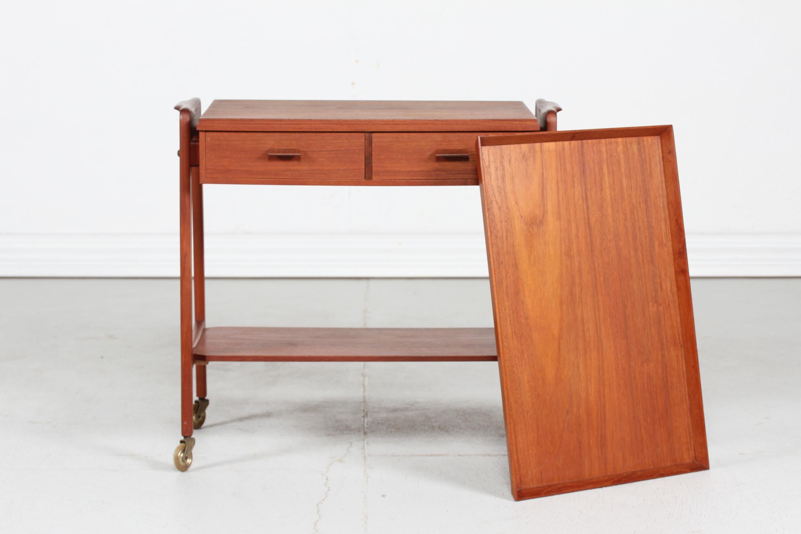Danish Modern Cocktail Trolley of Teak with Tray and Two Drawers, Denmark, 1960s 1