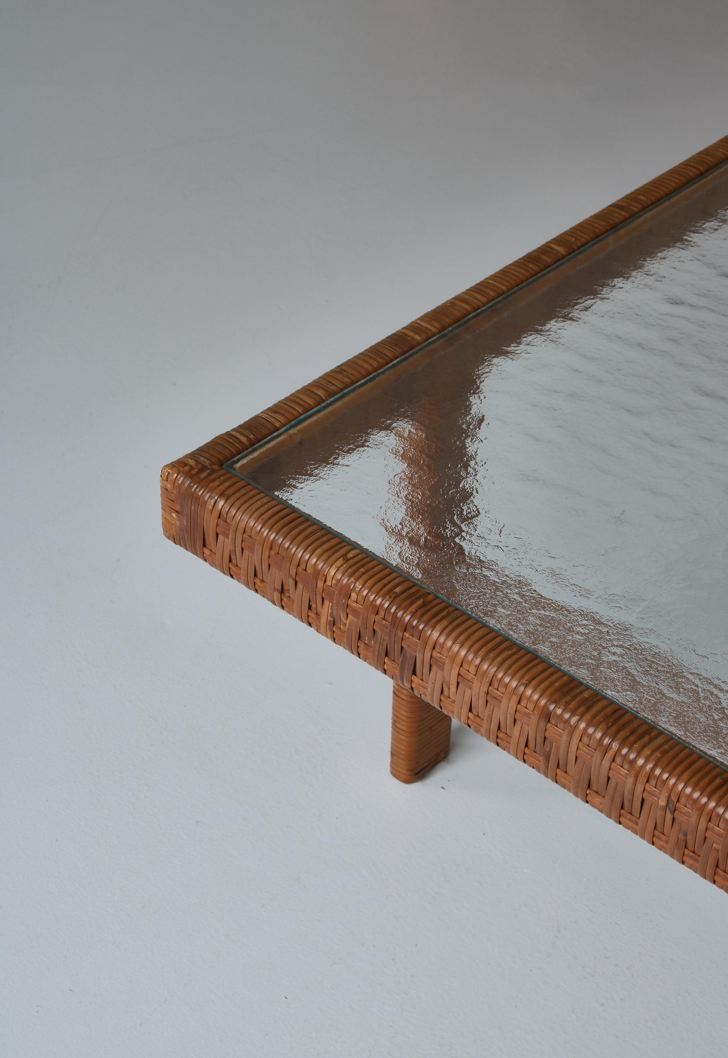 Mid-20th Century Danish Modern Coffee Table by R. Wengler in Rattan Cane and Matt Glass, 1940s For Sale