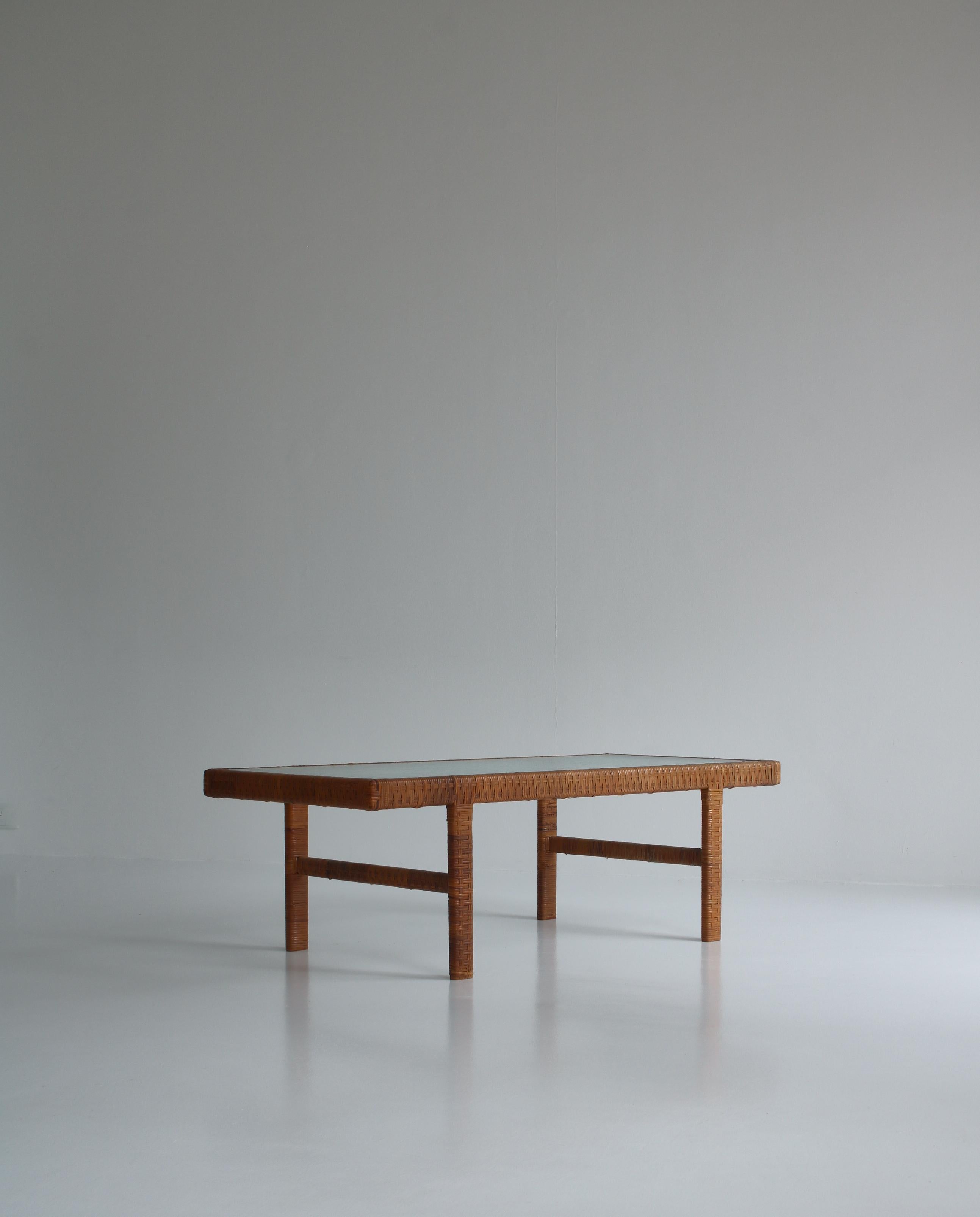 Danish Modern Coffee Table by R. Wengler in Rattan Cane and Matt Glass, 1940s For Sale 1