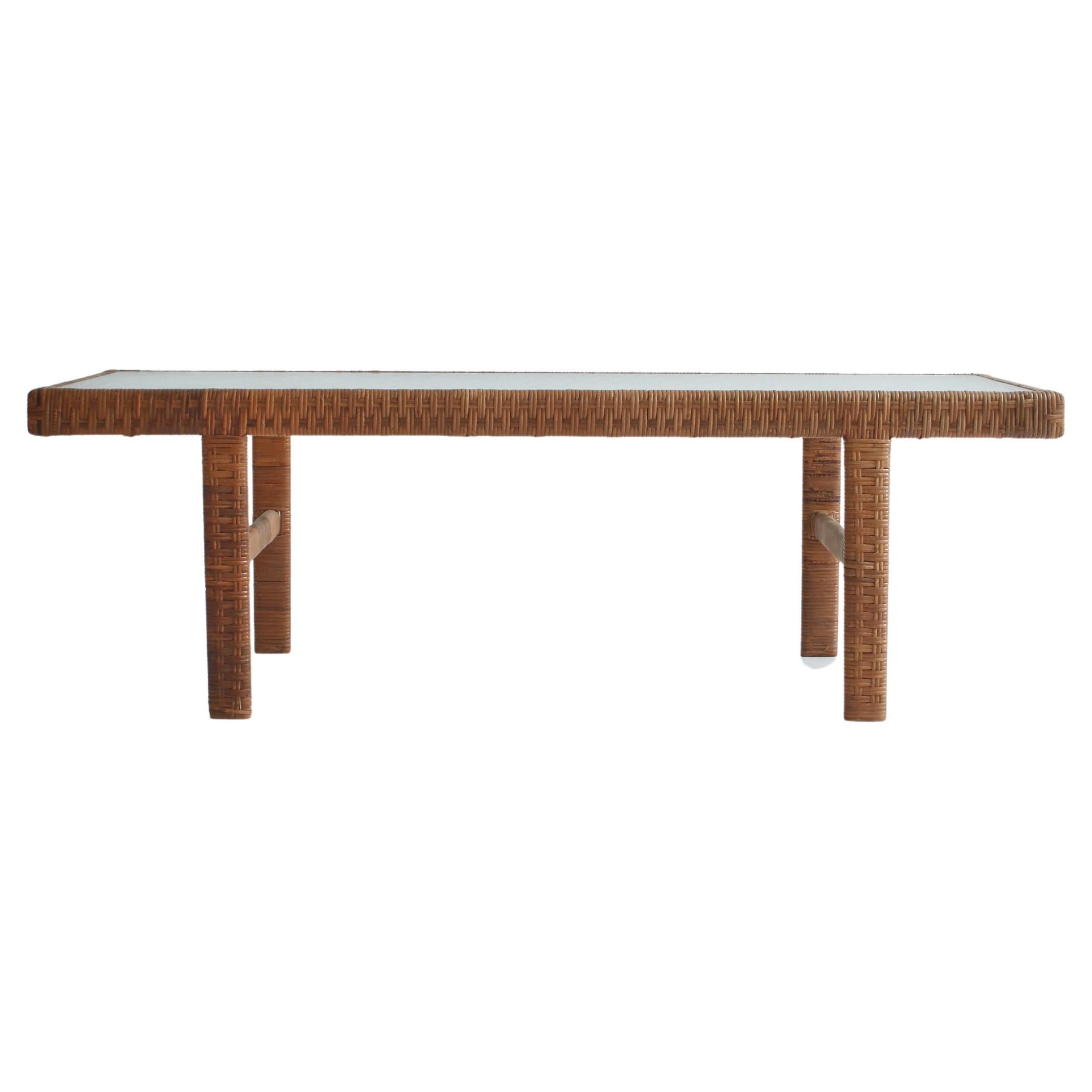 Danish Modern Coffee Table by R. Wengler in Rattan Cane and Matt Glass, 1940s For Sale