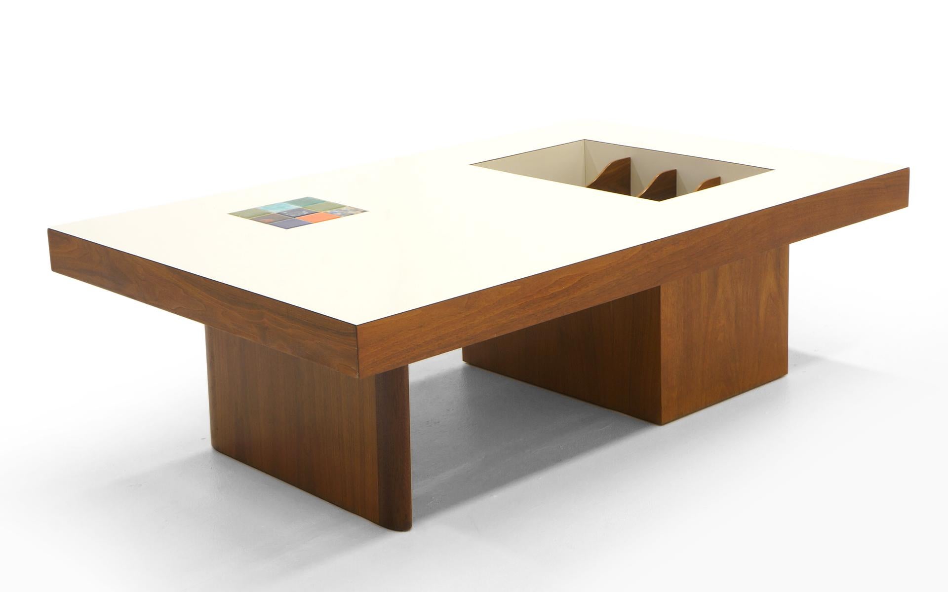 Ceramic Danish Modern Coffee Table with Built in Magazine / Album Storage, Tile Inlay