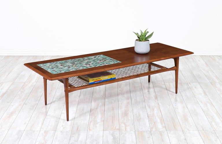 Danish Modern coffee table with mosaic top & cane shelf by Selig.