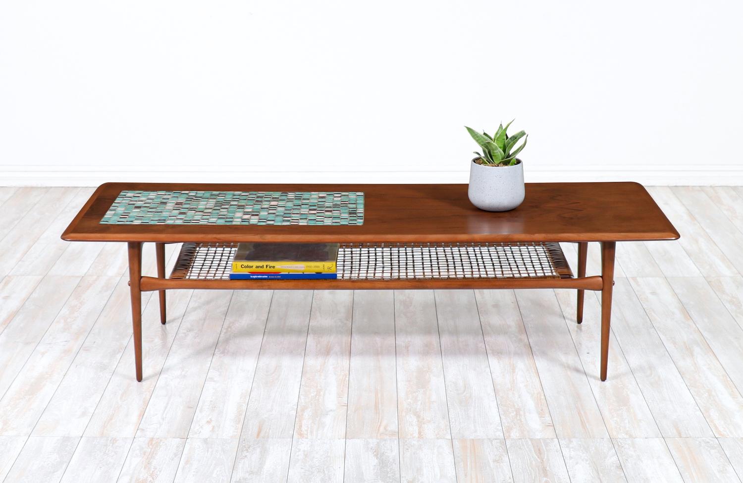 Mid-Century Modern Danish Modern Coffee Table with Mosaic Top & Cane Shelf by Selig
