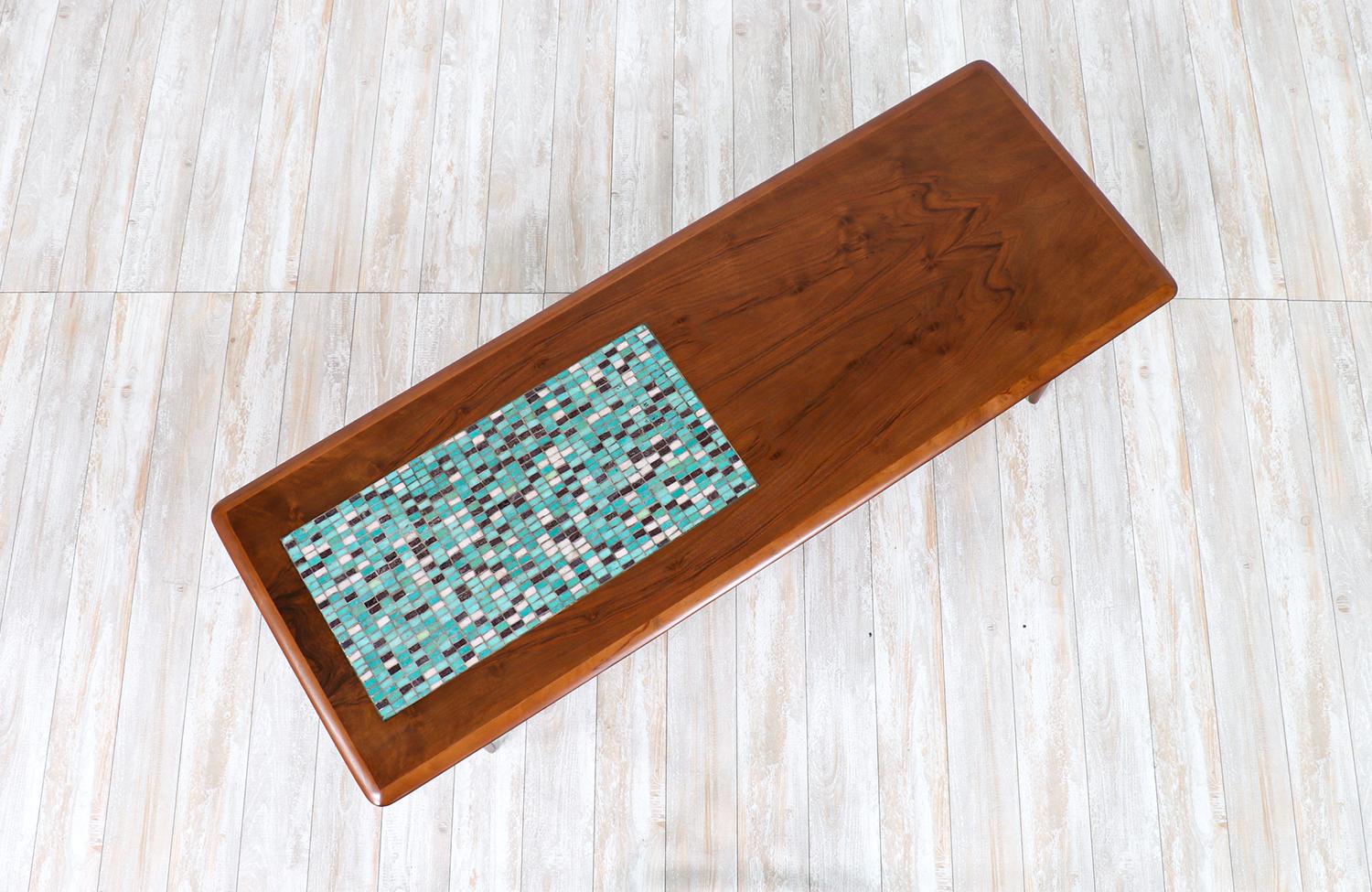 Danish Modern Coffee Table with Mosaic Top & Cane Shelf by Selig In Excellent Condition In Los Angeles, CA