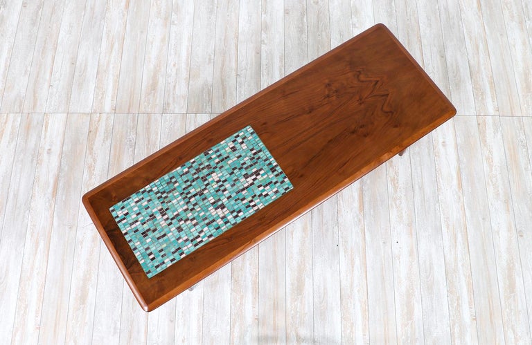 Danish Modern Coffee Table with Mosaic Top & Cane Shelf by Selig In Excellent Condition For Sale In Los Angeles, CA