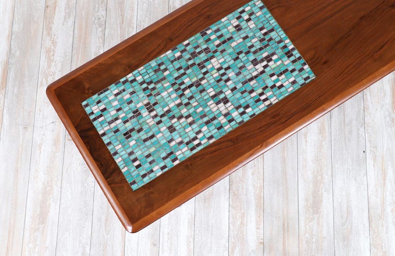 Mid-20th Century Danish Modern Coffee Table with Mosaic Top & Cane Shelf by Selig For Sale