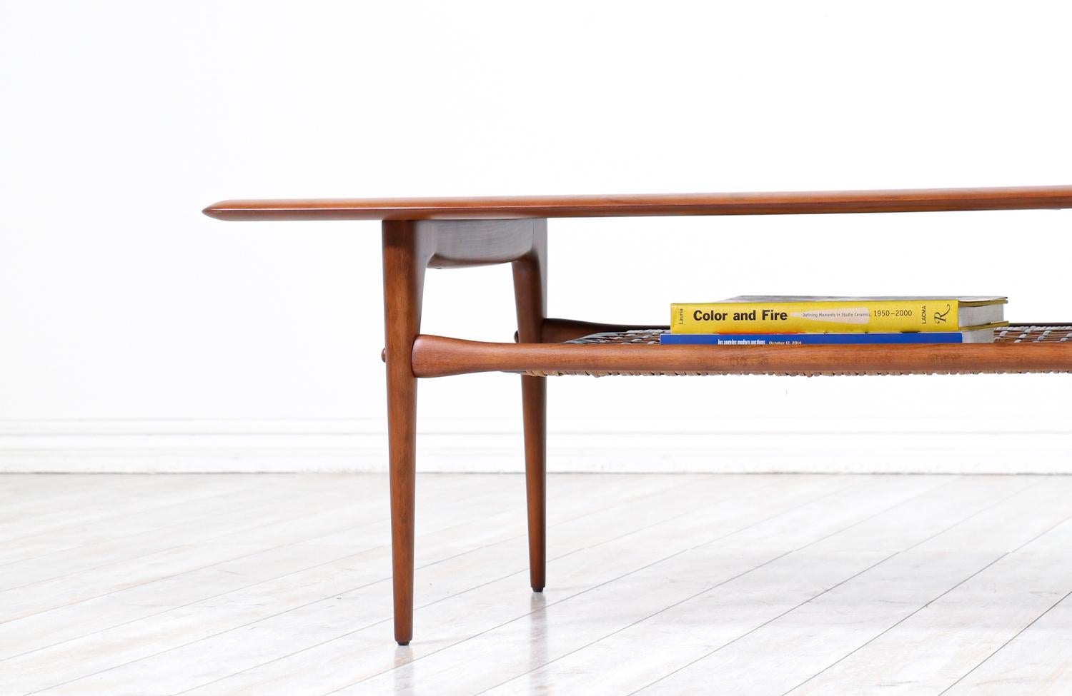 Danish Modern Coffee Table with Mosaic Top & Cane Shelf by Selig 2