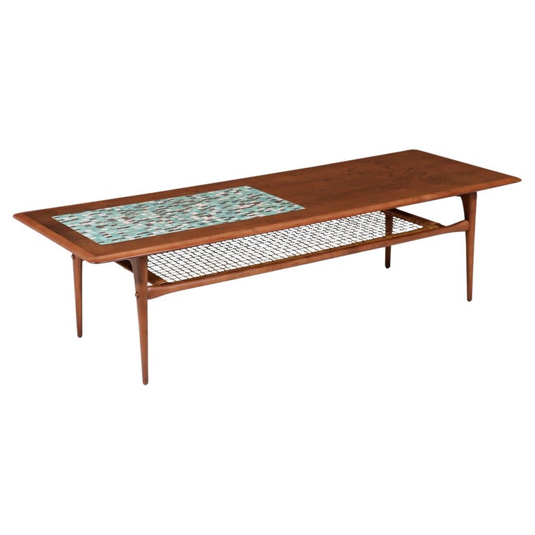 Danish Modern Coffee Table with Mosaic Top & Cane Shelf by Selig For Sale