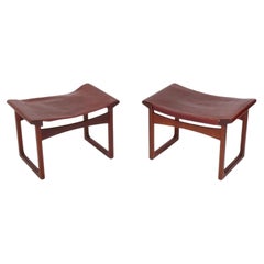 Vintage Danish Modern Cognac Leather and Teak Stools by Larsen and Madsen