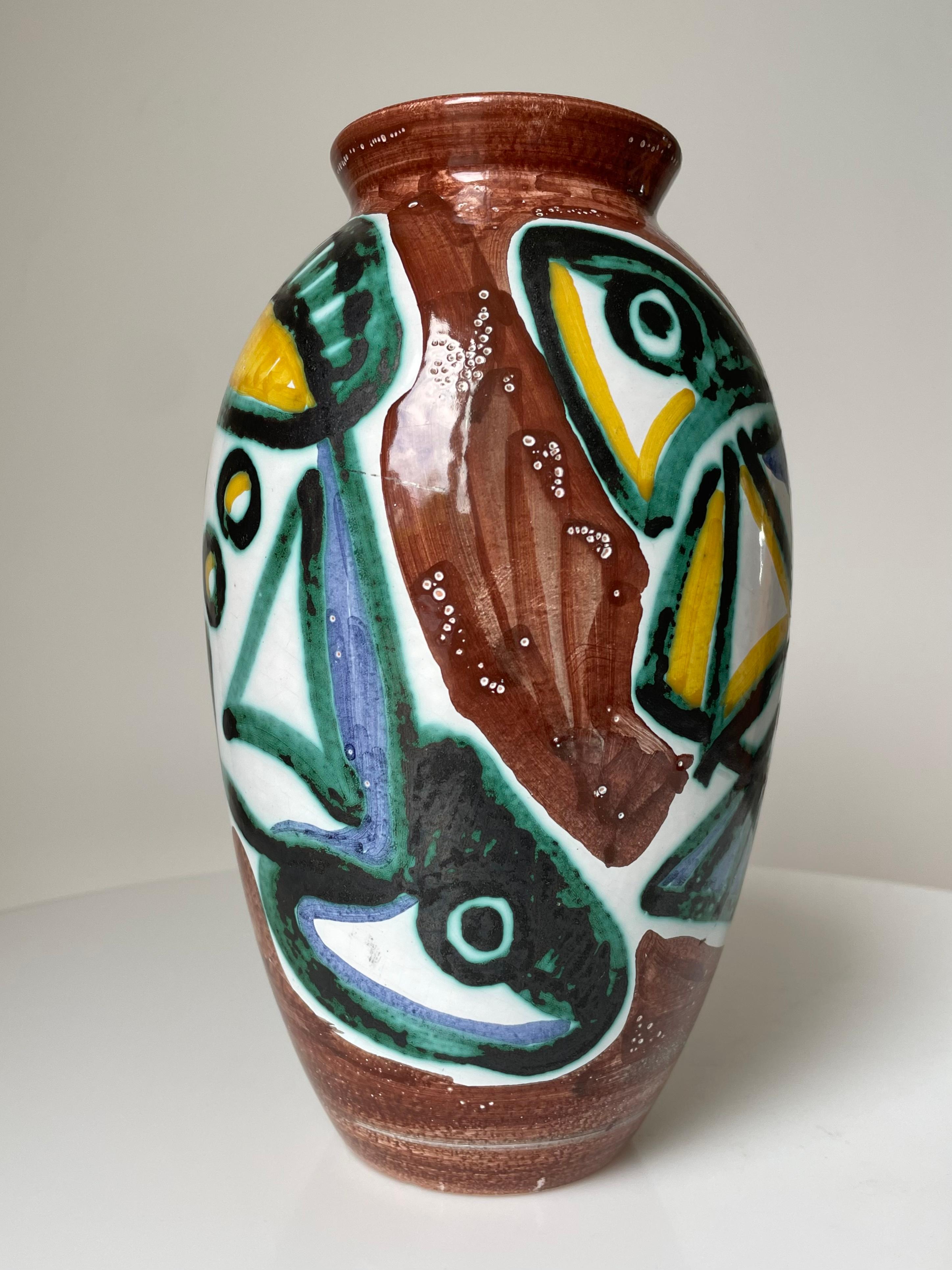 Hand-Painted Danish Modern Colorful Fish Ceramic Vase, 1960s For Sale 7