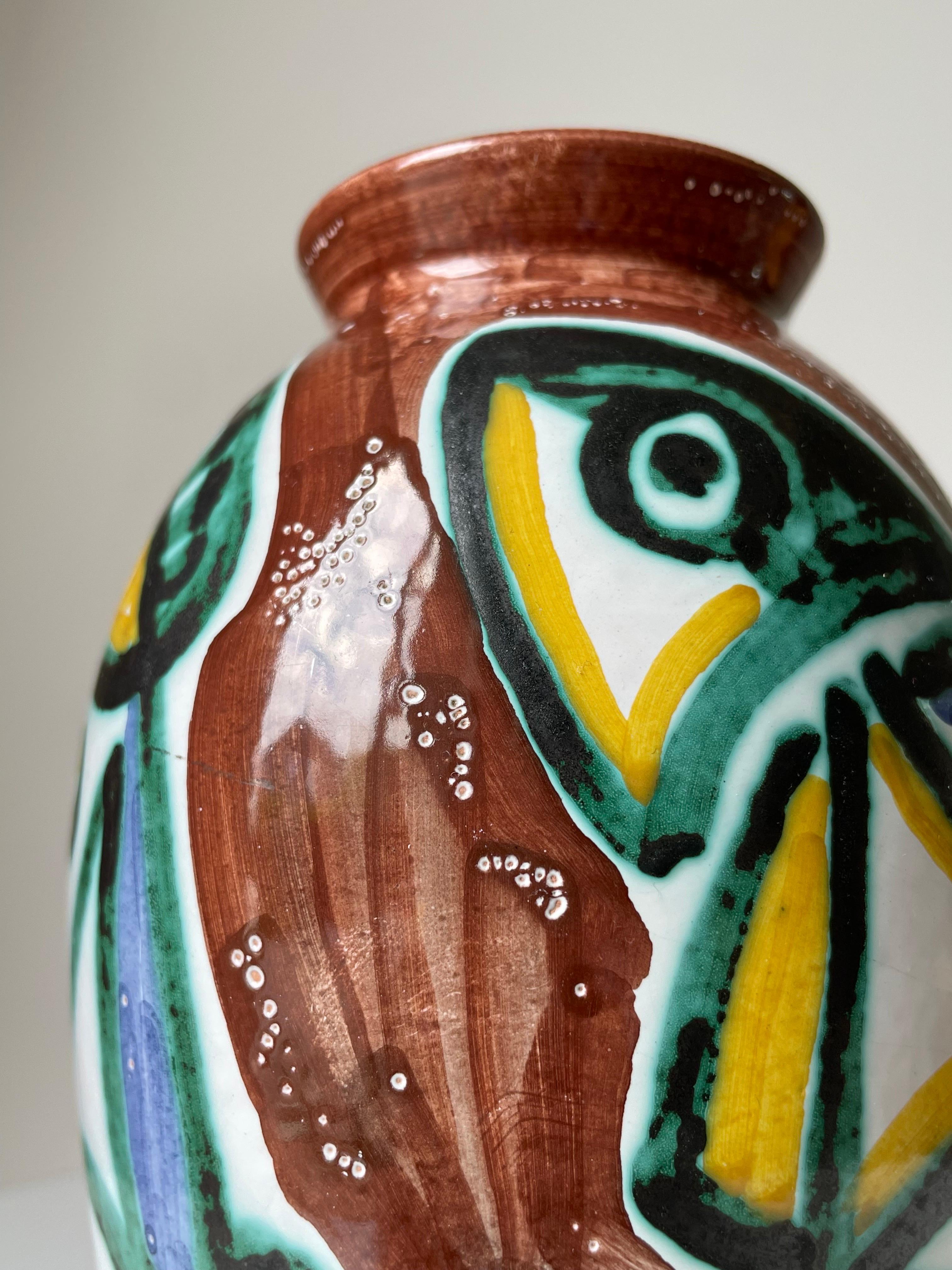 Mid-Century Modern Hand-Painted Danish Modern Colorful Fish Ceramic Vase, 1960s For Sale