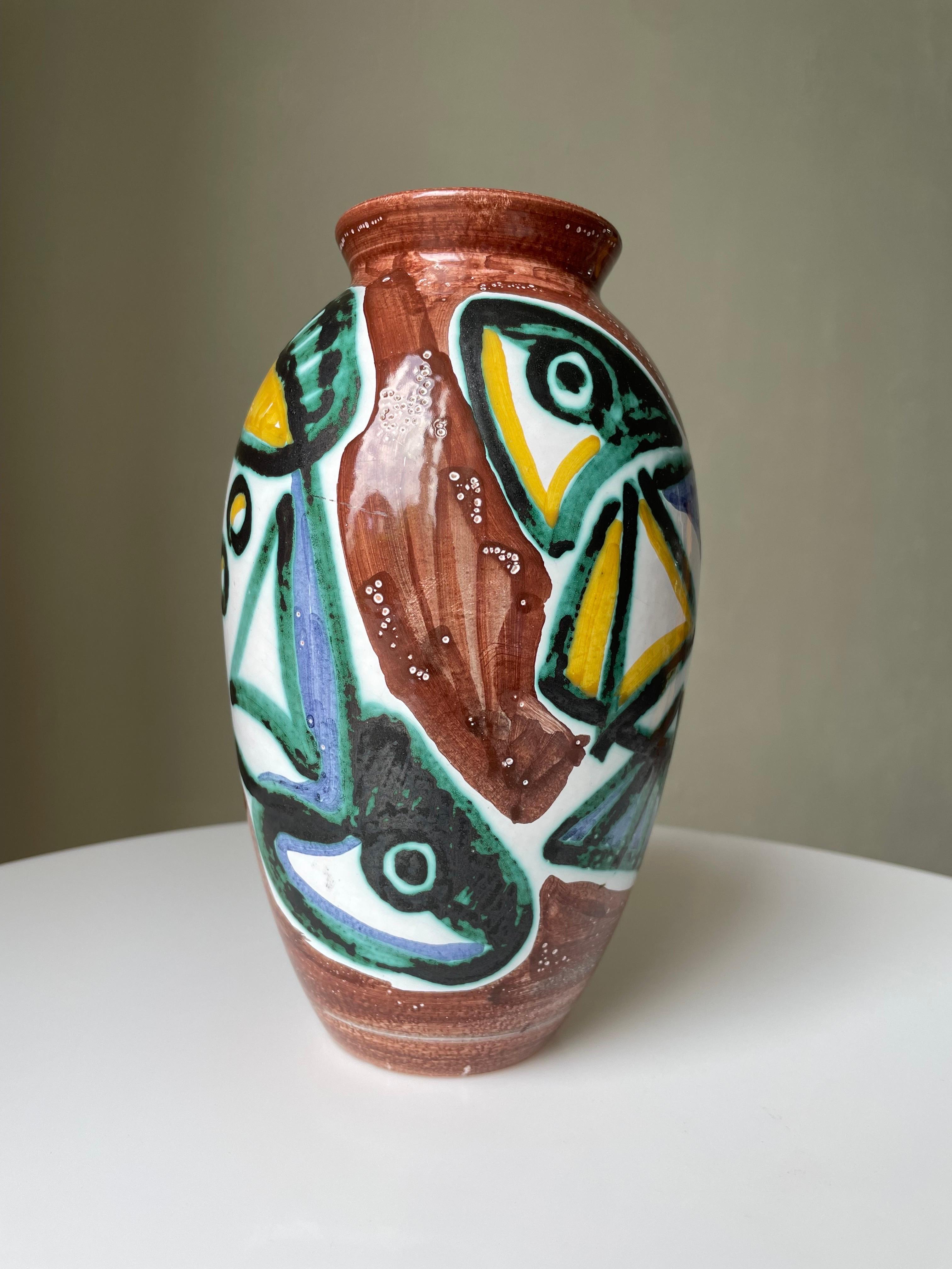 Hand-Painted Danish Modern Colorful Fish Ceramic Vase, 1960s For Sale 1