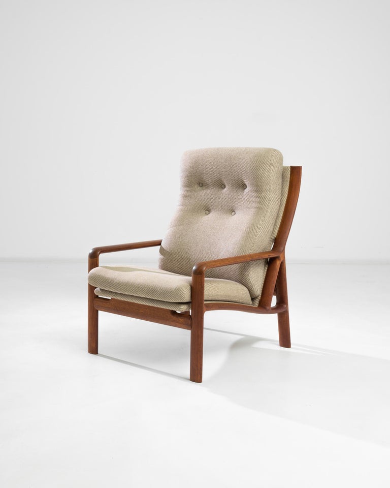 Scandinavian Modern Danish Modern Corded Beige Upholstered Teak Armchair For Sale