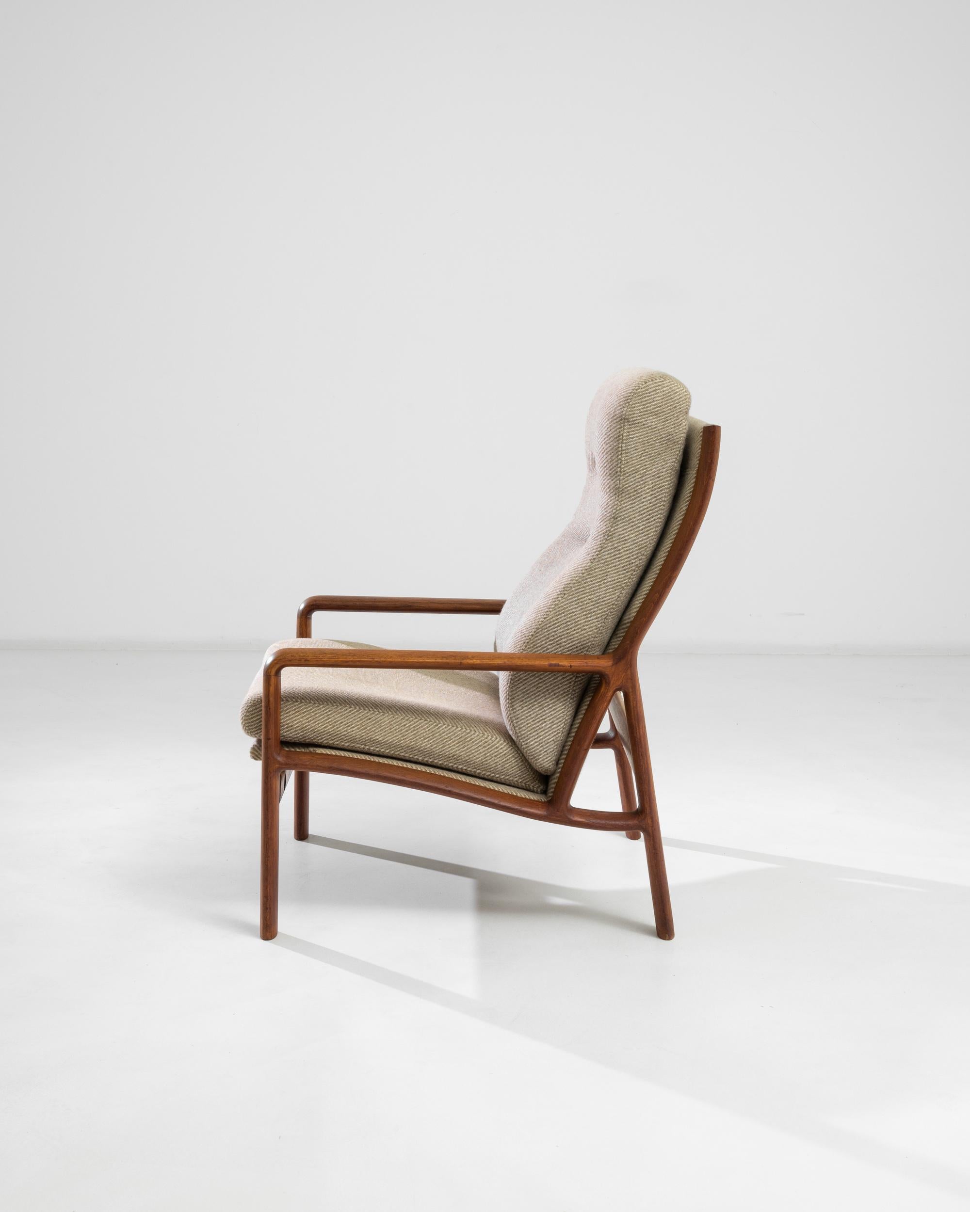 Scandinavian Danish Modern Corded Beige Upholstered Teak Armchair