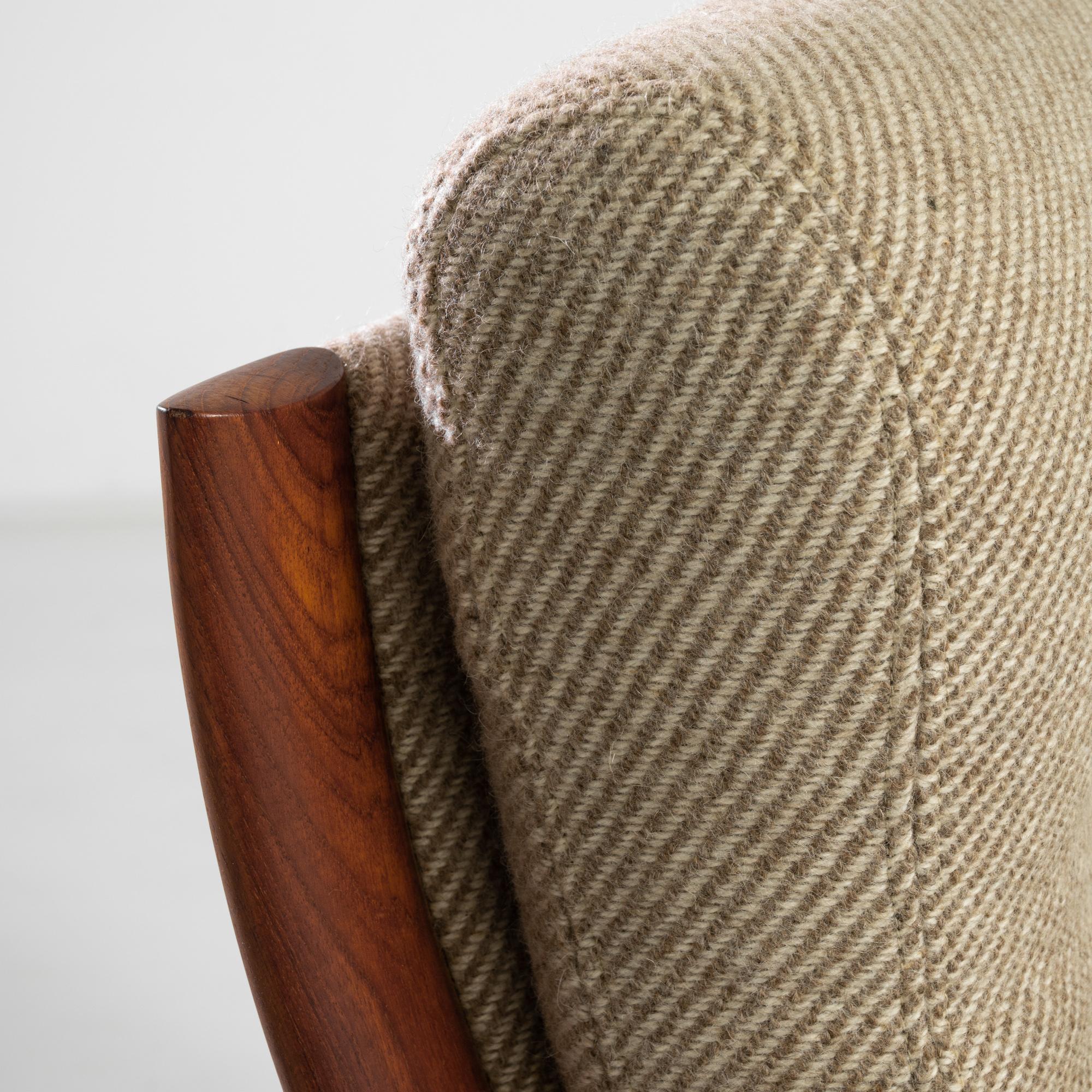Mid-20th Century Danish Modern Corded Beige Upholstered Teak Armchair