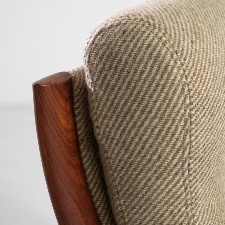 Mid-20th Century Danish Modern Corded Beige Upholstered Teak Armchair For Sale