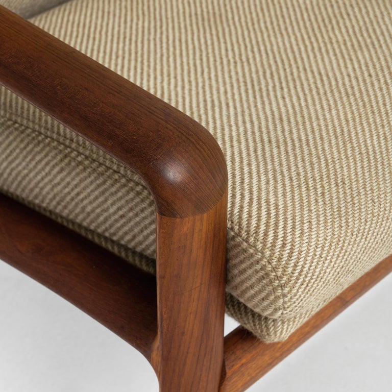 Upholstery Danish Modern Corded Beige Upholstered Teak Armchair For Sale