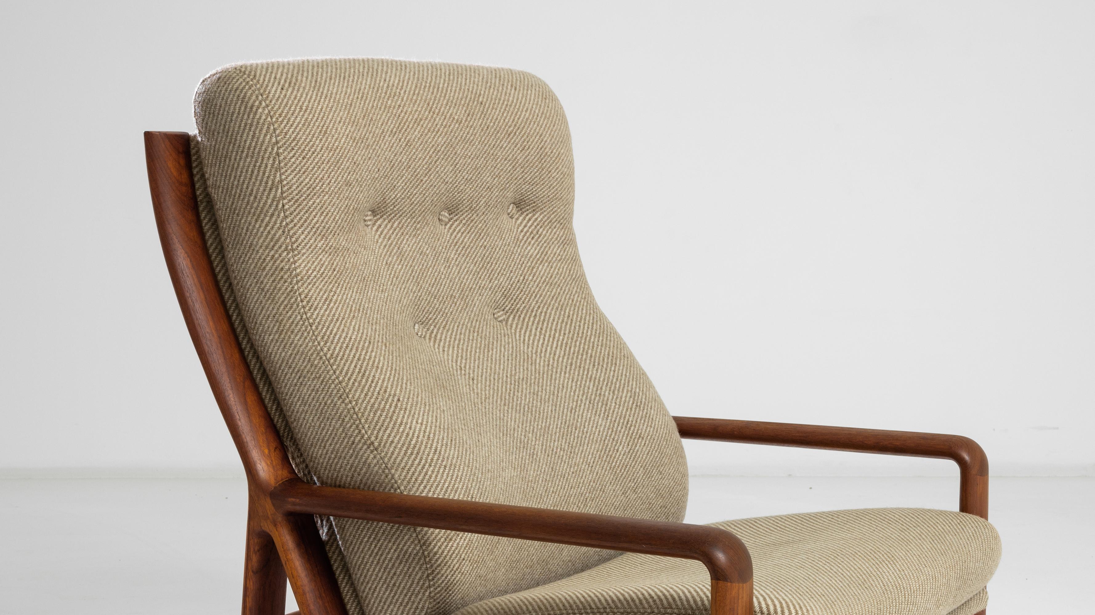 Danish Modern Corded Beige Upholstered Teak Armchair 2