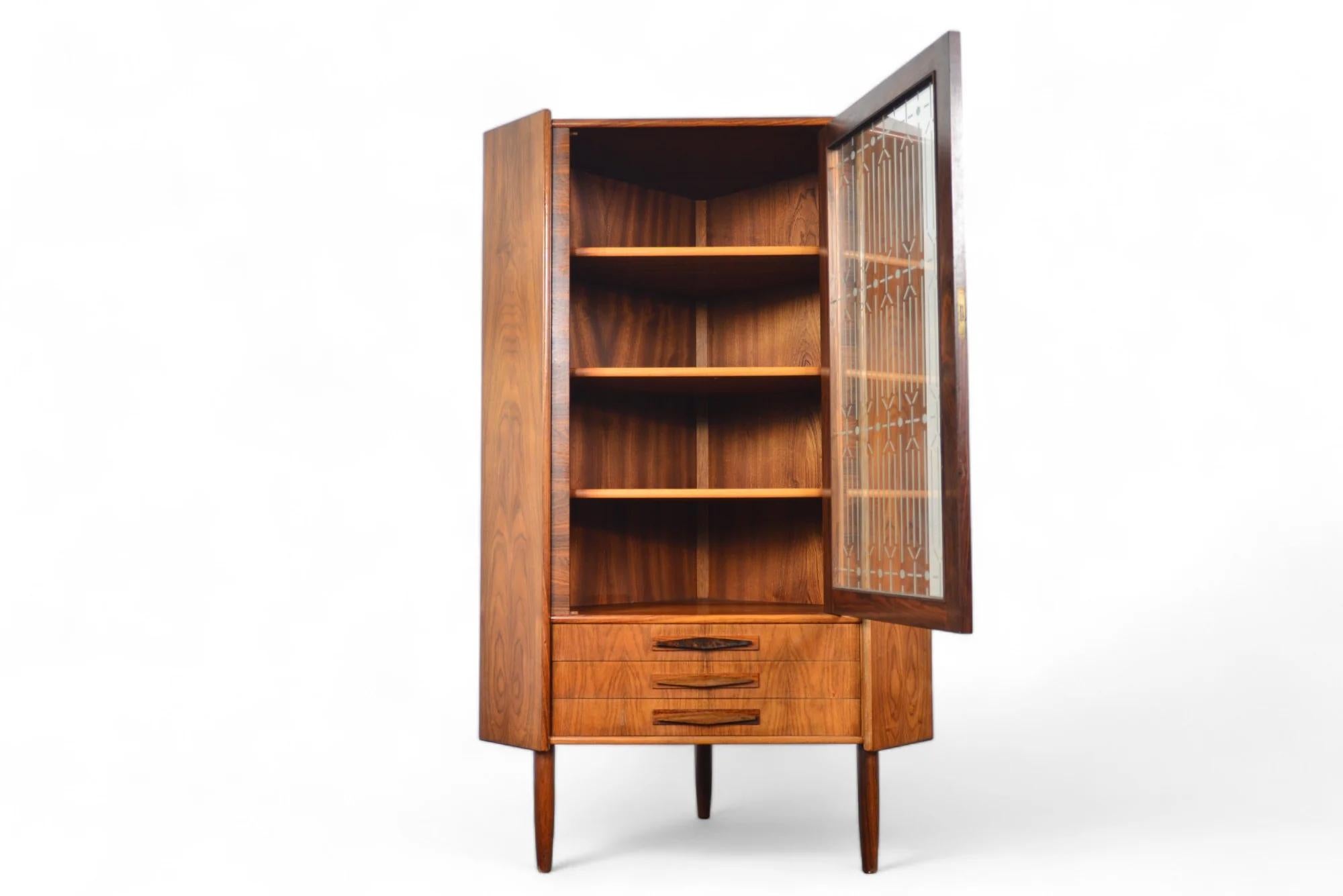 Mid-Century Modern Danish Modern Corner Unit In Rosewood + Etched Glass For Sale