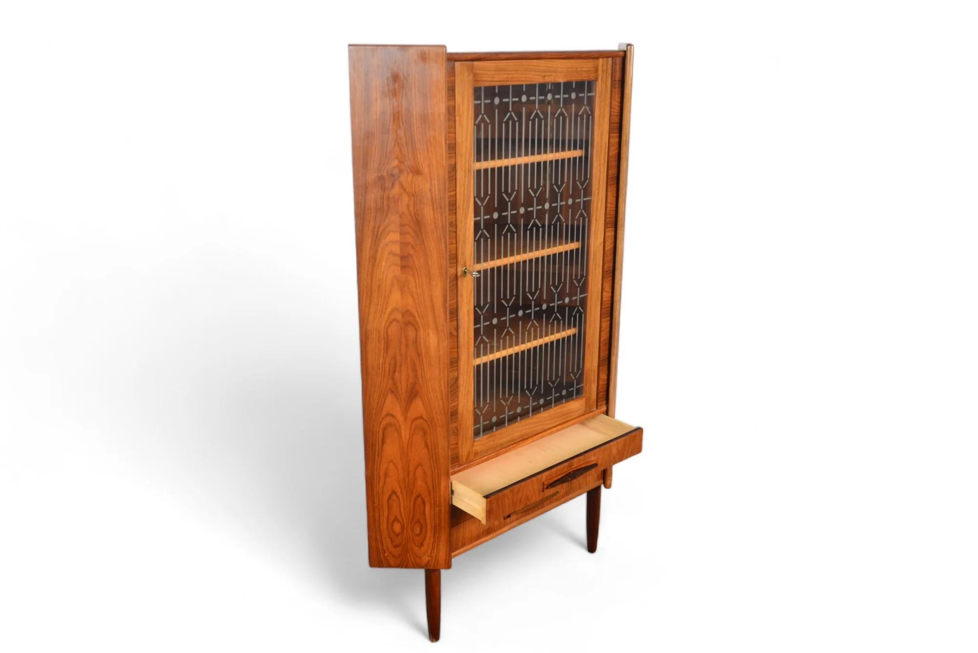 Danish Modern Corner Unit In Rosewood + Etched Glass For Sale 1