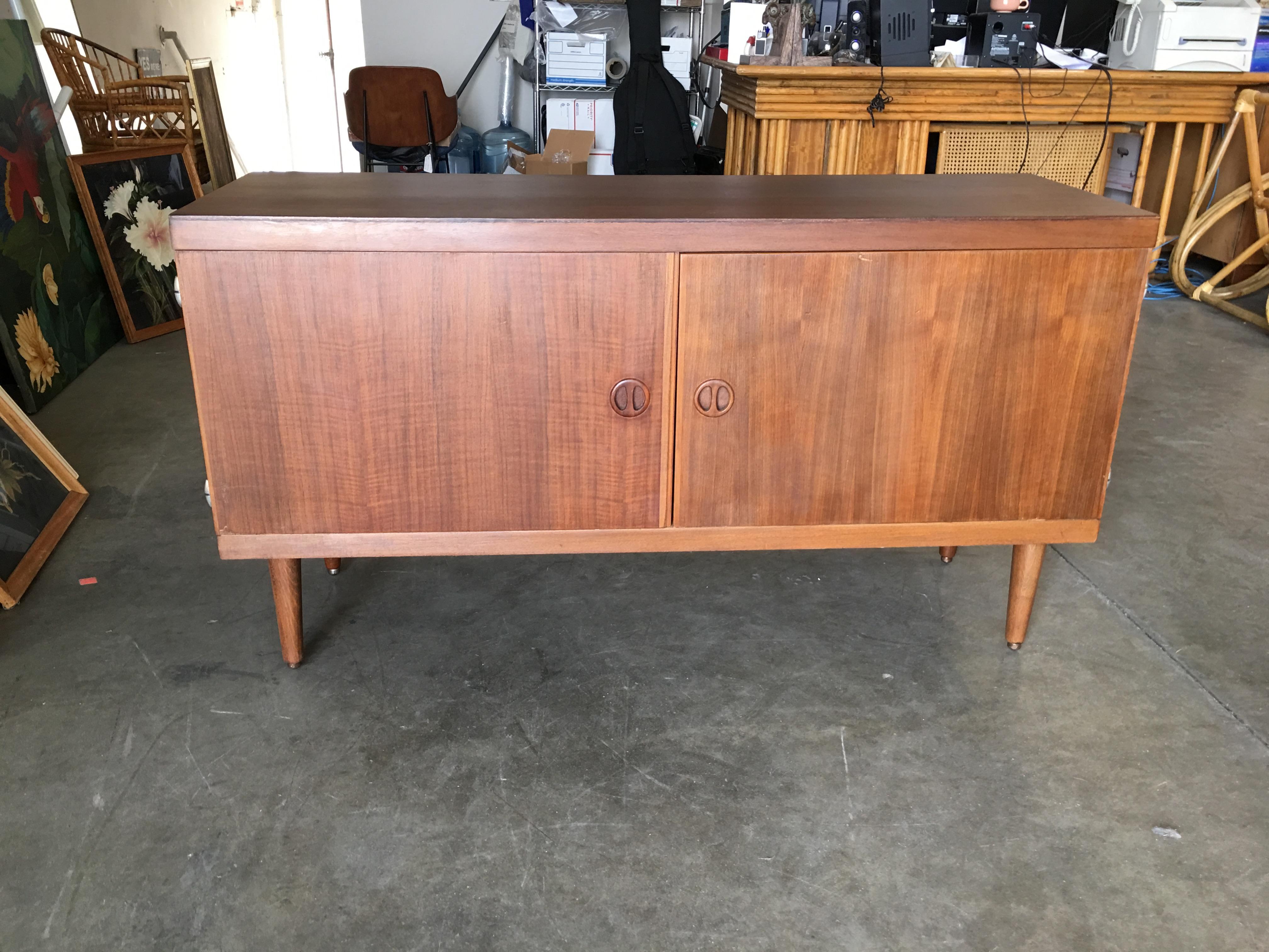 Mid-Century Modern Danish Modern Credenza Cabinet with Fancy Hinges and Sculpted Pig Nose Pulls
