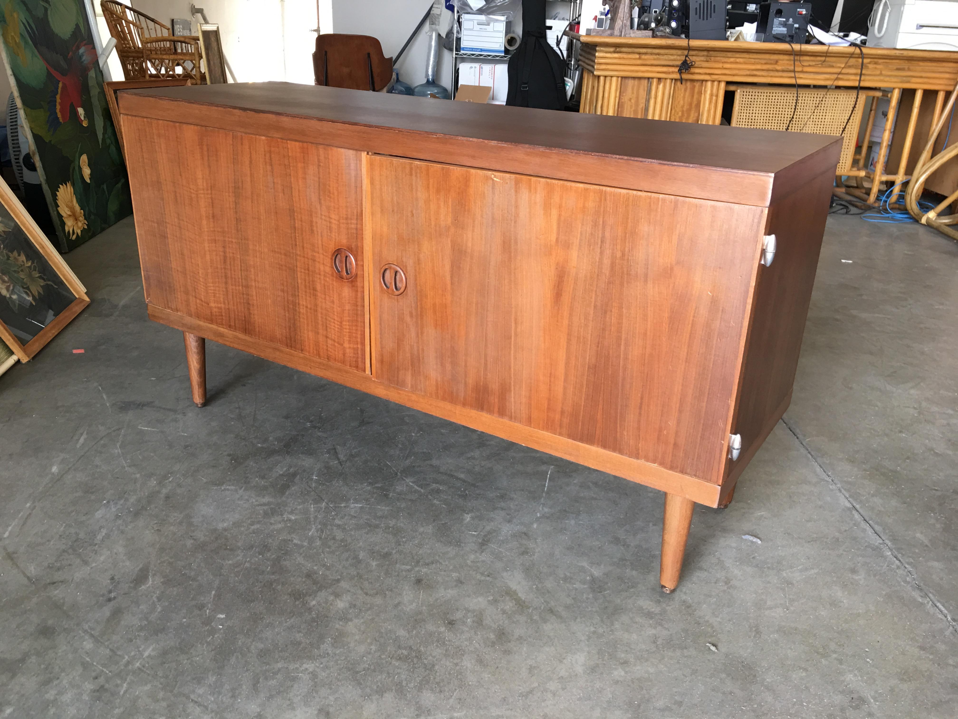 American Danish Modern Credenza Cabinet with Fancy Hinges and Sculpted Pig Nose Pulls