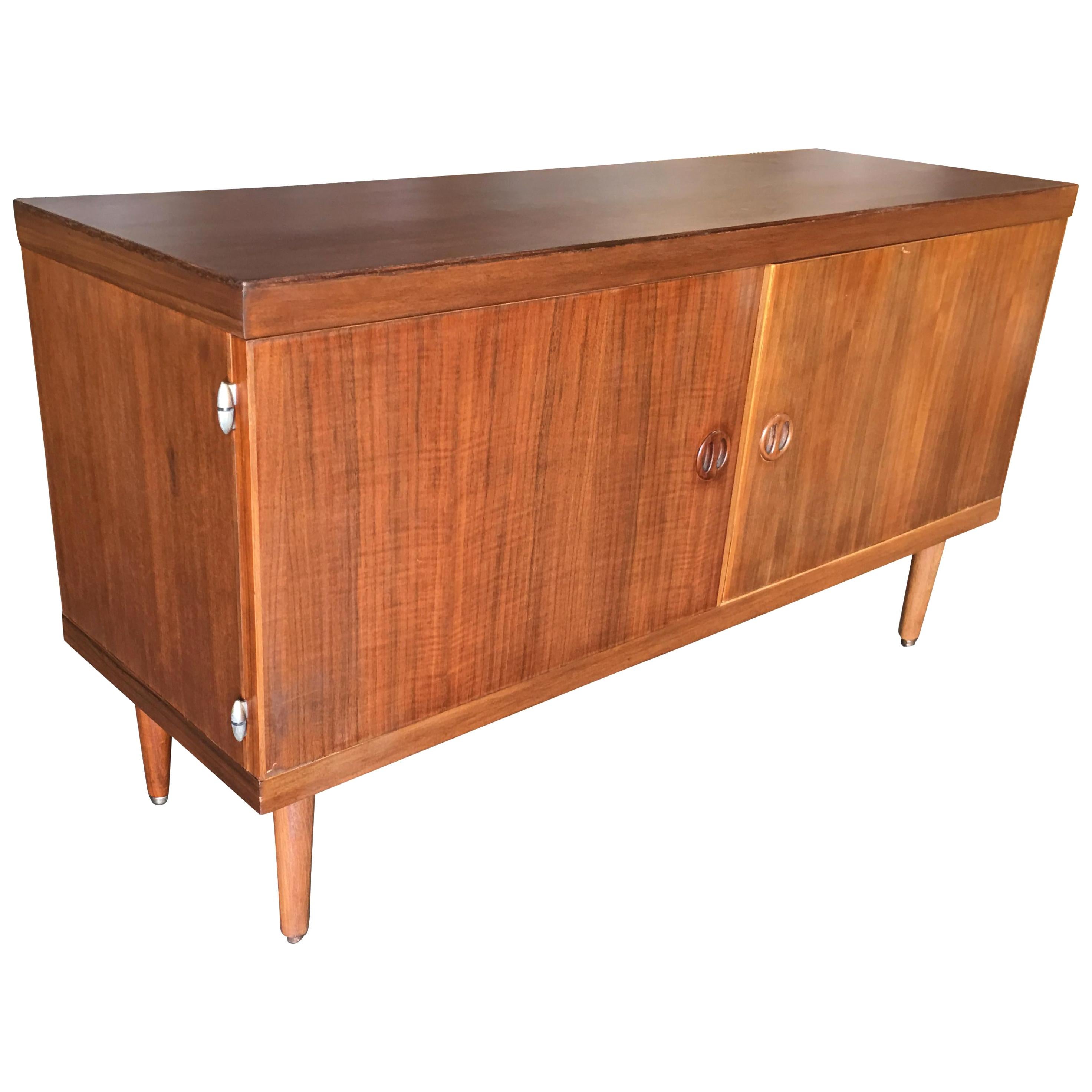 Danish Modern Credenza Cabinet with Fancy Hinges and Sculpted Pig Nose Pulls