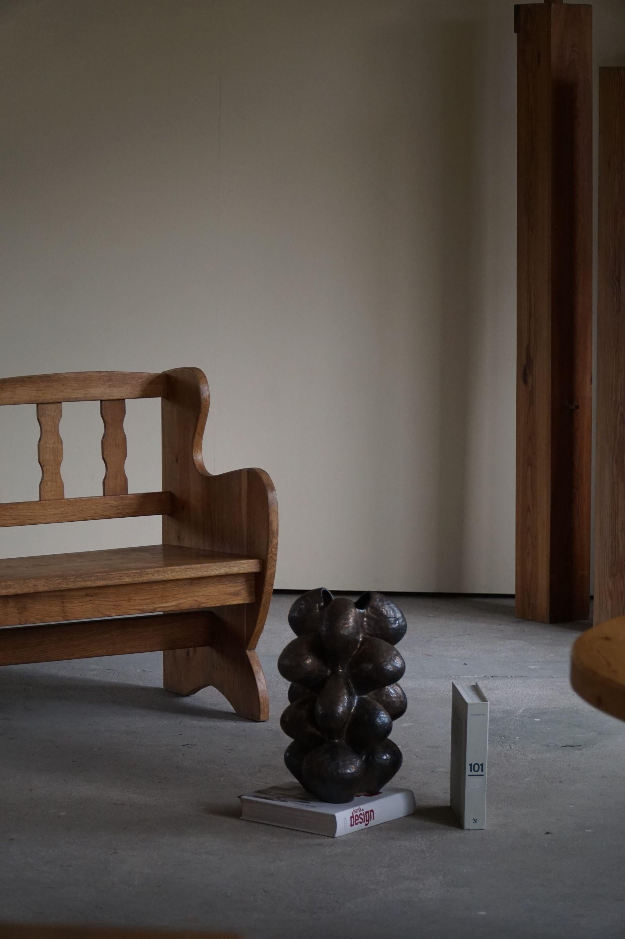 Danish Modern Curved Brutalist Bench in Solid Oak, Made in 1950s 11