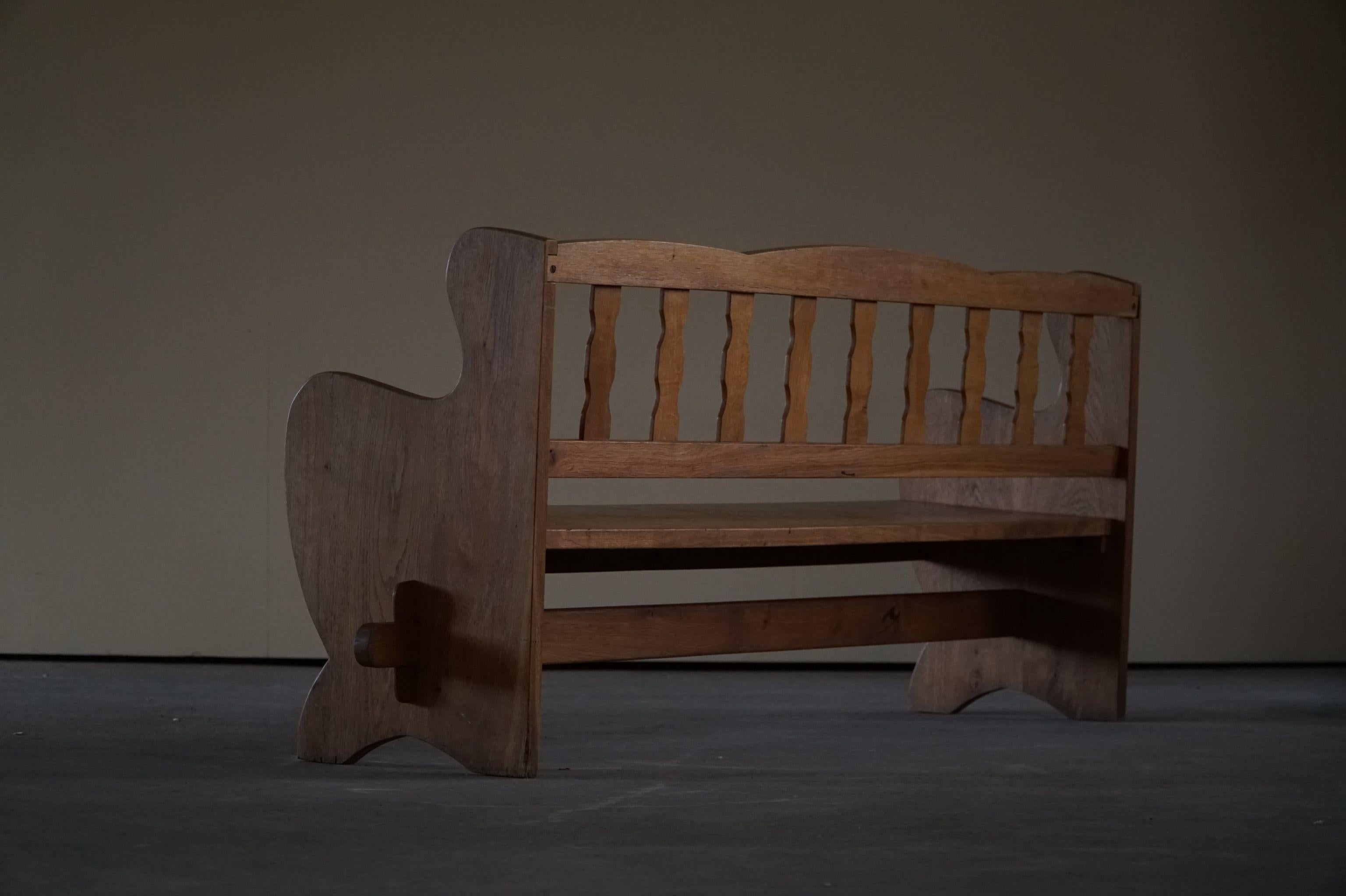 Mid-20th Century Danish Modern Curved Brutalist Bench in Solid Oak, Made in 1950s