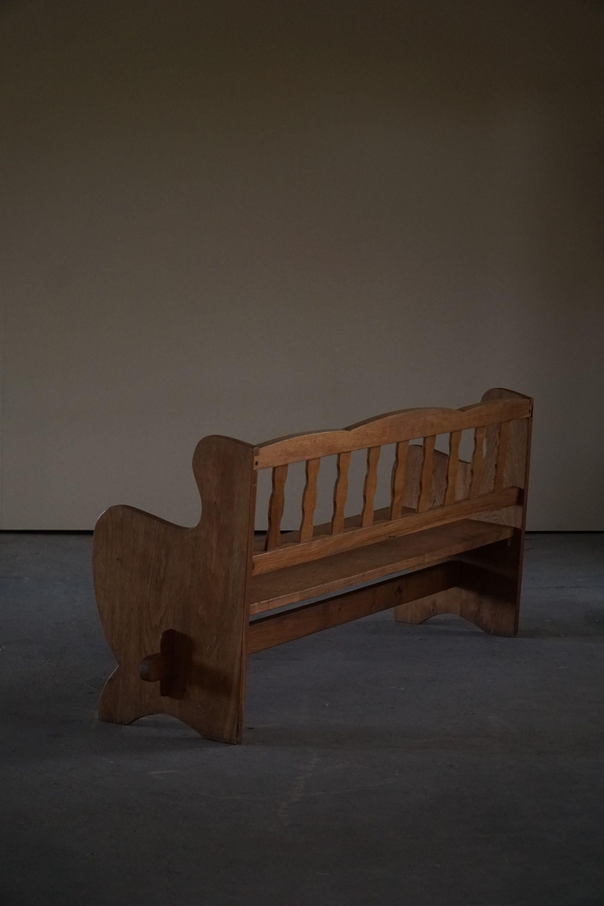 Danish Modern Curved Brutalist Bench in Solid Oak, Made in 1950s 1