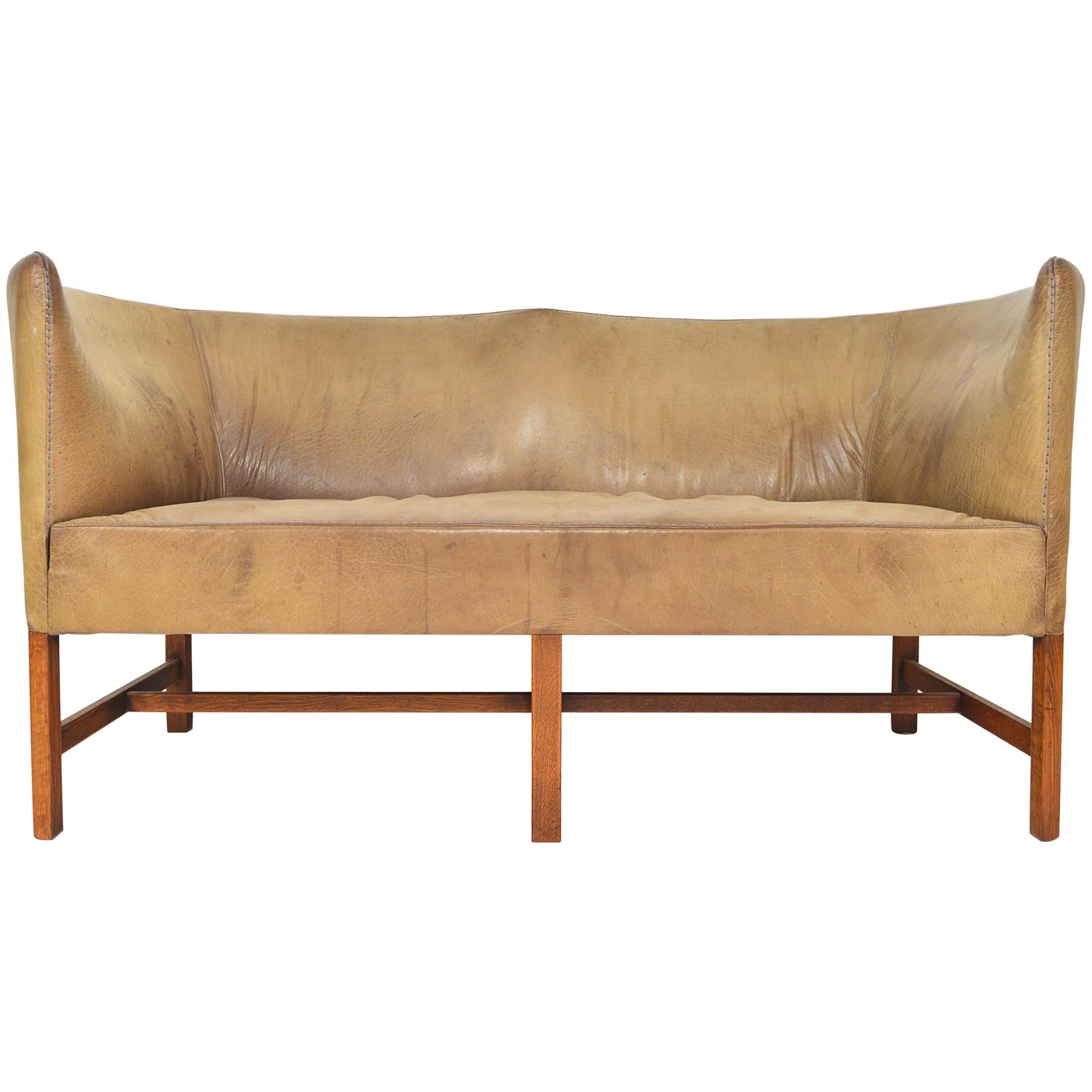 Danish Modern Curved Leather and Oak Loveseat
