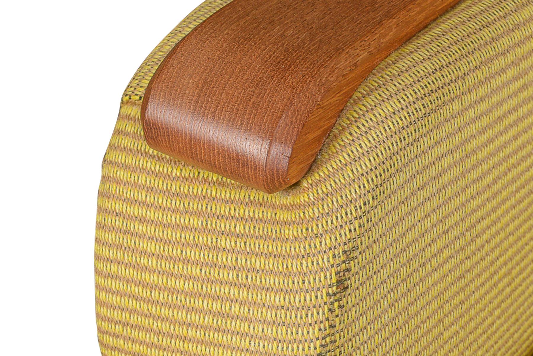 Mid-Century Modern Danish Modern Curvy Wingback Chair in Teak + Yellow Wool For Sale